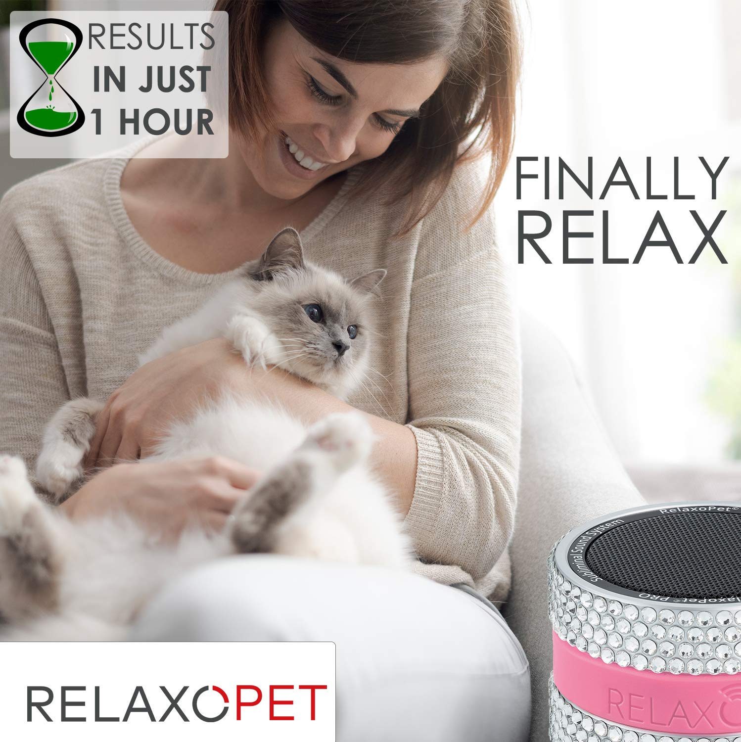 PRO Glam Cat Anxiety Relief Device - Calming Trainer for Cats to Reduce Stress, Destructive Behavior, Spraying & Scratching | Subliminal Relaxation Technology for Anxious Pets - Perfect for Vet Visits, Travel & Multi-Cat Households