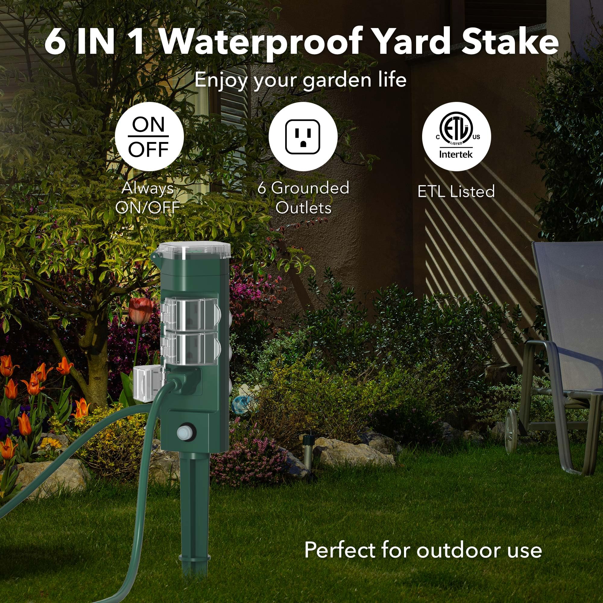 HBN Outdoor Power Strip with Photocell Sensor - 6 Outlet Weatherproof Extension Cord with Dusk to Dawn Timer & Yard Stake Countdown (2/4/6/8 Hours) - Perfect for Outdoor Lights, Christmas Decorations, Patio & Garden Use