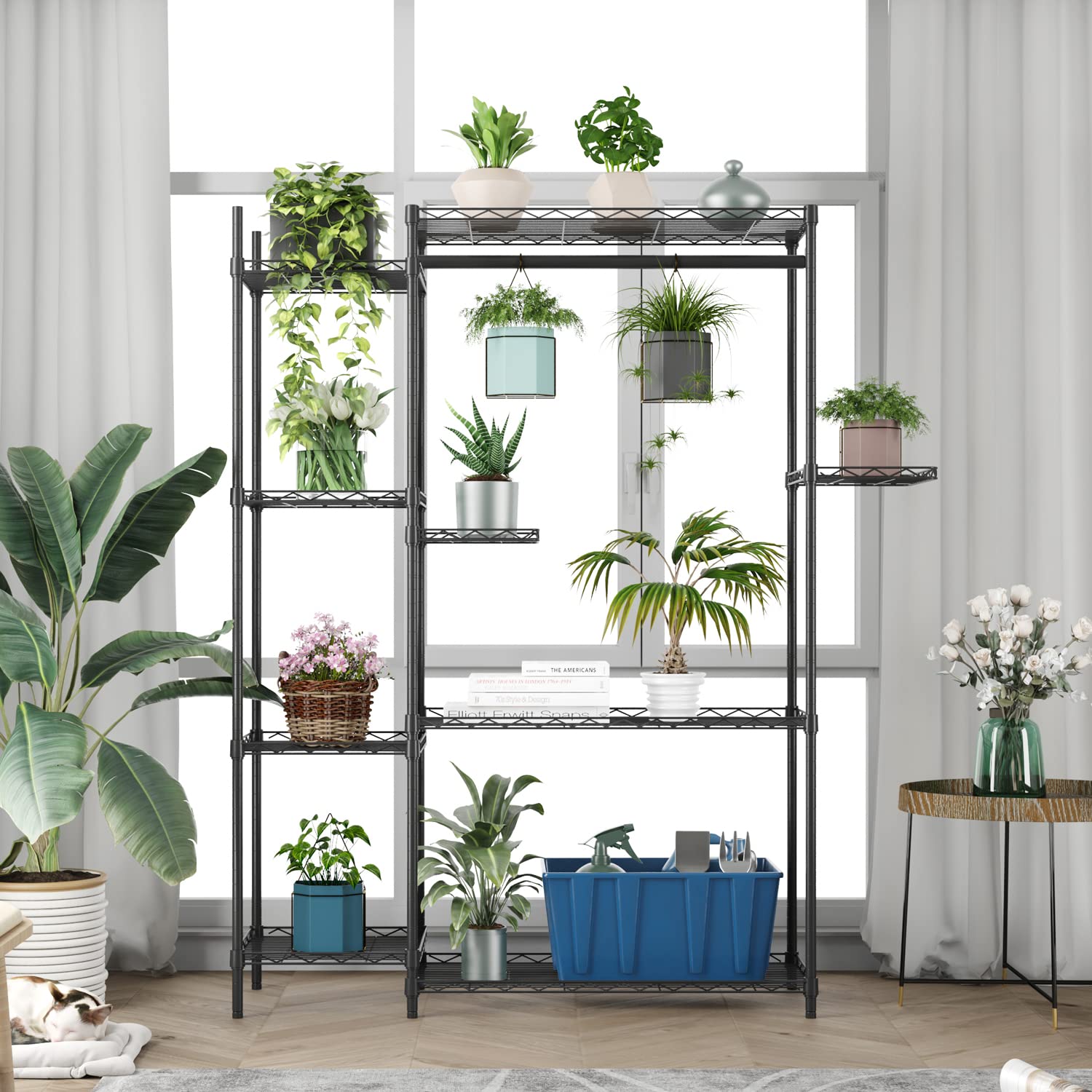 4-Tier Black Plant Stand for Indoor & Outdoor Use - Holds 14+ Pots with Hanging Rod - Perfect for Living Room, Balcony, Garden Decor & Plant Storage