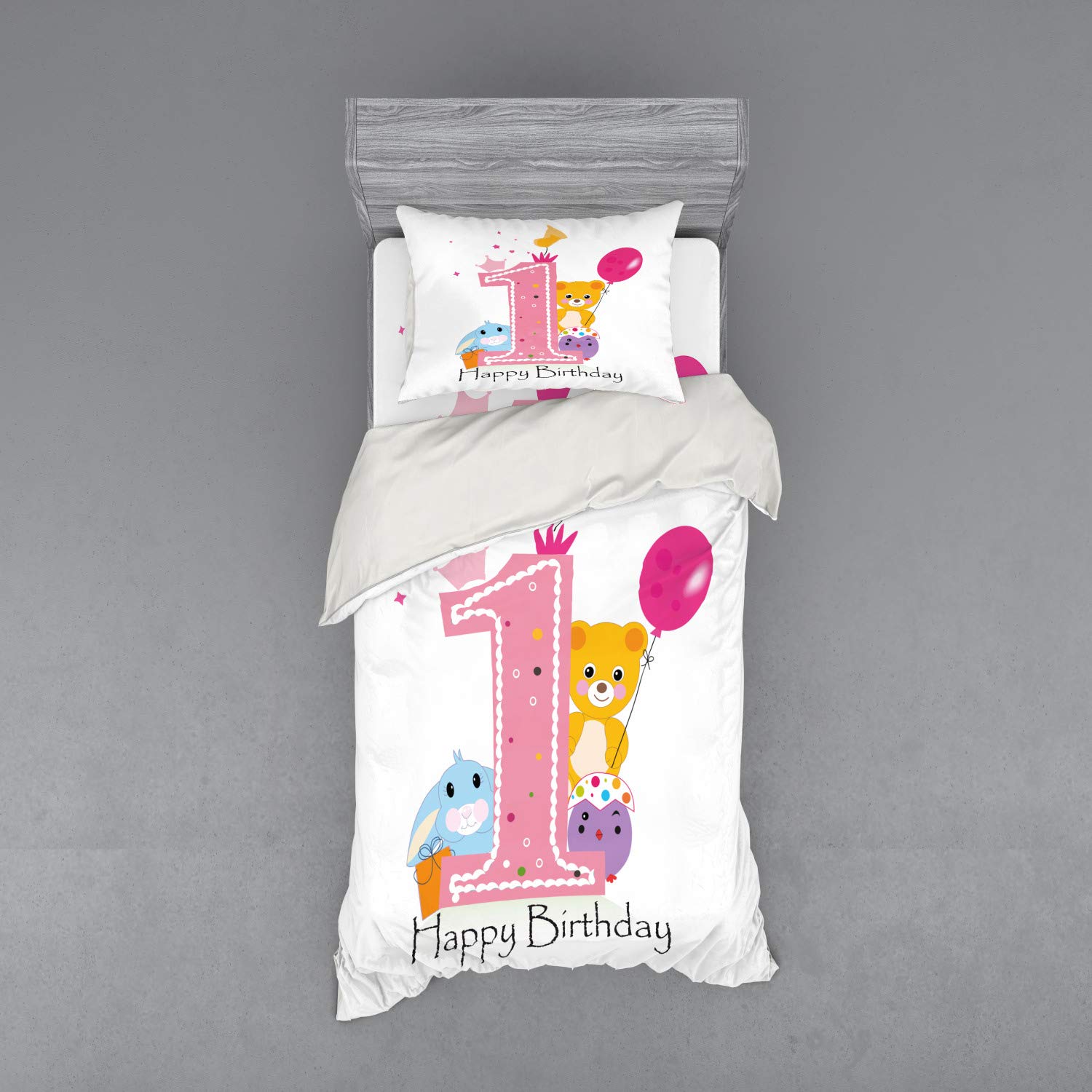 Ambesonne 1st Birthday Duvet Cover Set - Cartoon Girl & Party Cake with Candle Teddy Bear Print, 3-Piece Twin Size Bedding Set (Pale Pink & Hot Pink) for Girls' Room Decor, Birthday Party Theme Bedroom