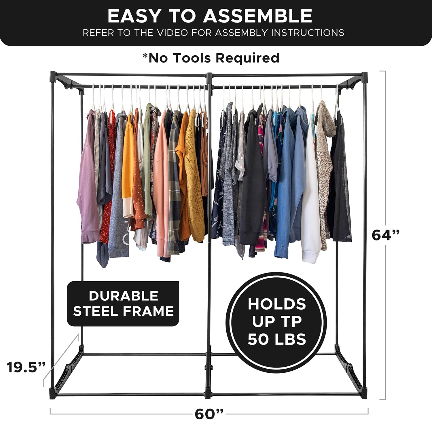 Premium Heavy Duty Portable Wardrobe Closet with Metal Hanging Rod & Black Cover - 50 lb Capacity - Easy No-Tool Assembly - Perfect for Travel, Camping, Dorm Rooms & Temporary Storage