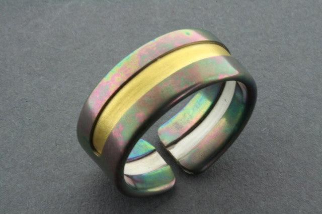 Rainbow Titanium Line Ring with Gold Accent - Sterling Silver & Titanium Wedding Band for Women - Perfect for Engagement, Anniversary, and Everyday Wear