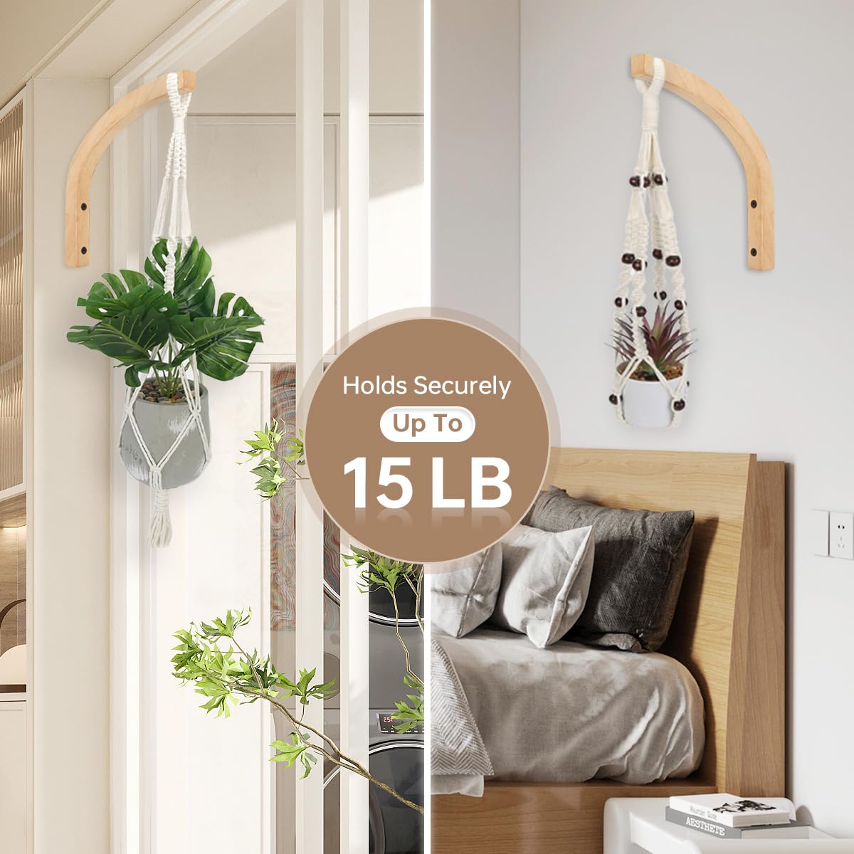 8-Inch Wooden Wall Plant Hangers (2 Pack) - Indoor Hanging Hooks for Planters, Lanterns, Wind Chimes - Perfect for Living Room, Bedroom, Balcony & Home Decor