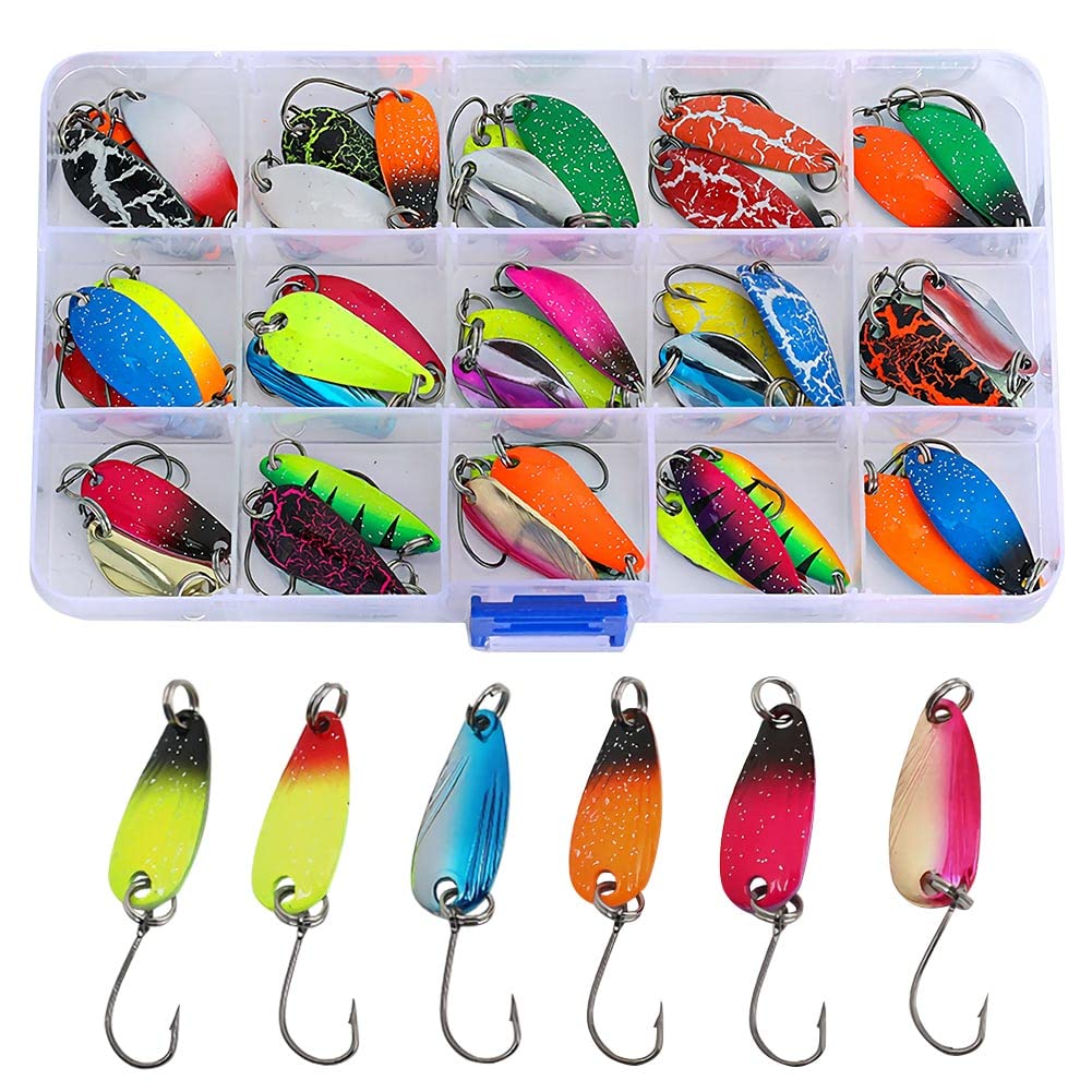 LSPAR 12/43 PCS Premium Fishing Lures Kit - Spinner Baits with Sharp Hooks, Metal Spoon Lures for Bass, Trout & Saltwater Fishing | Artificial Bait Tackle Box Set for Freshwater & Ocean Fishing