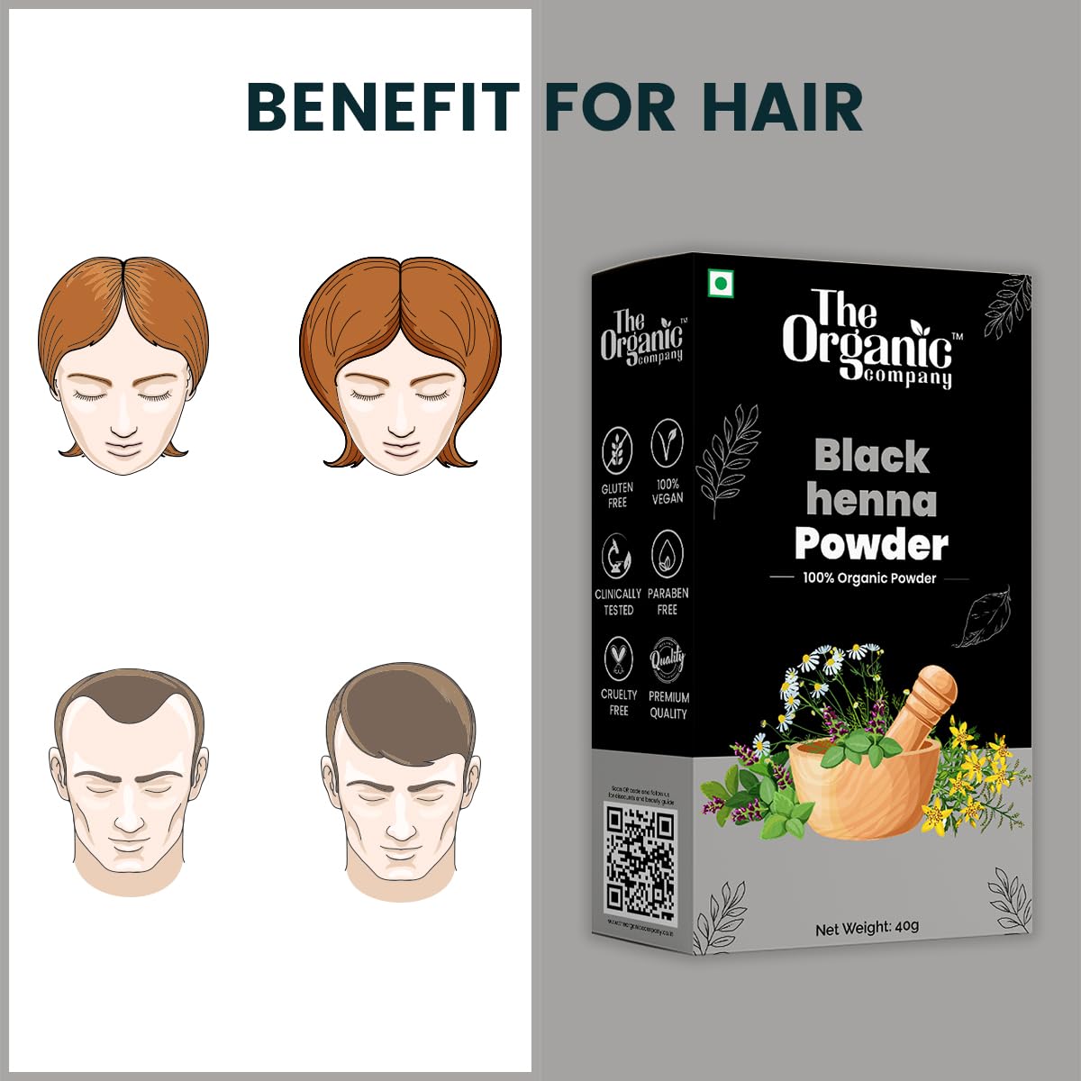 Natural Black Henna Hair Color Powder - Ammonia-Free Hair Dye for Women & Men | Long-Lasting Black Hair Dye Powder for Gray Coverage & Natural Hair Coloring at Home