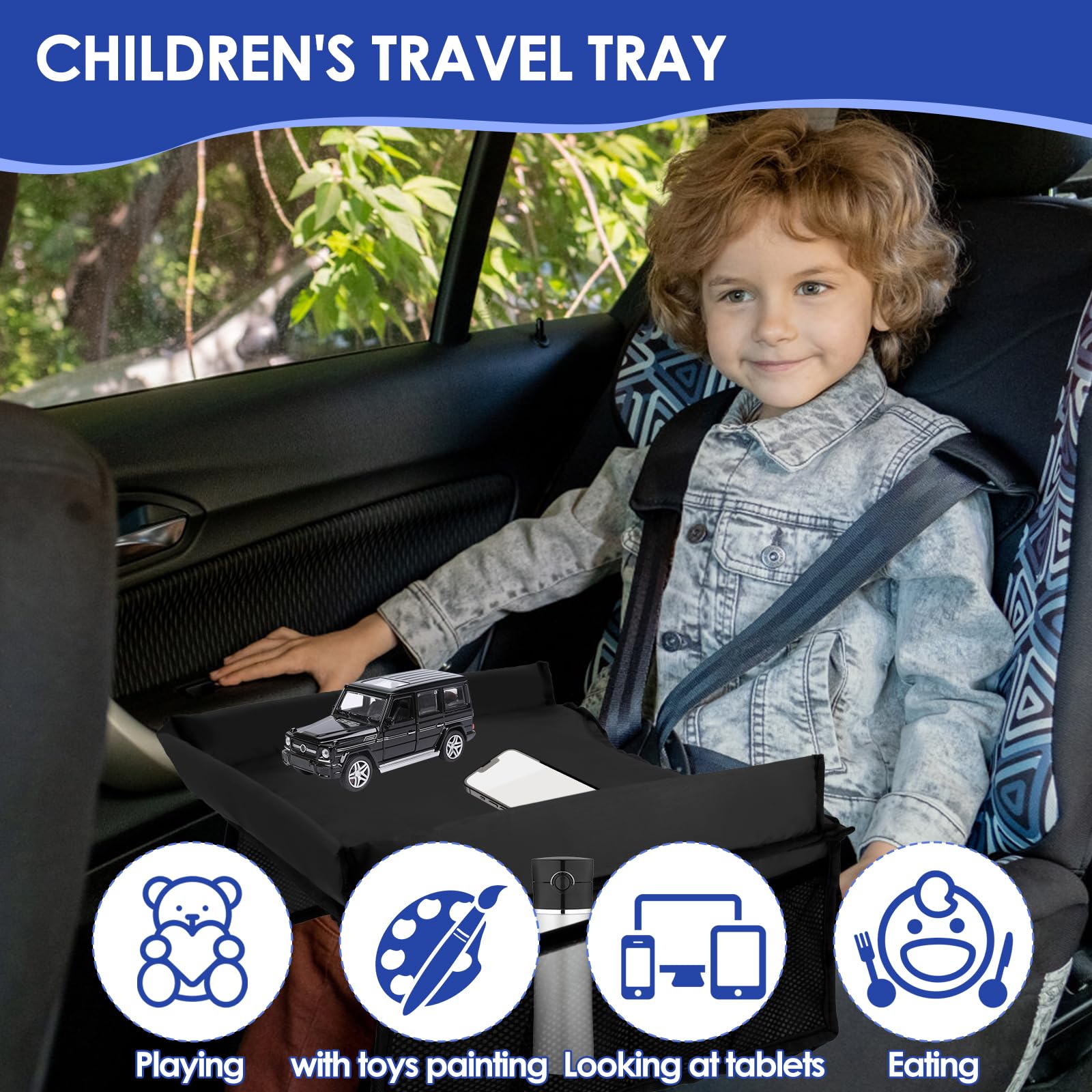 Portable Kids Travel Tray for Car Seat & Airplane - Adjustable Shoulder Strap with Storage Pocket - 15.7×12.6 Inch Toddler Lap Tray (Black) - Perfect for Road Trips, Flights & Meals On-The-Go