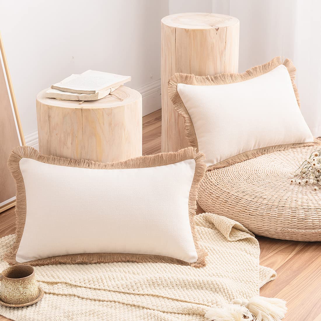VCTOPS 2-Pack Cotton Linen Throw Pillow Covers with Fringe - Farmhouse Decorative Cushion Covers for Sofa, Couch, Bed & Car (Cream, 12x20 Inches) - Perfect for Living Room, Bedroom & Home Decor