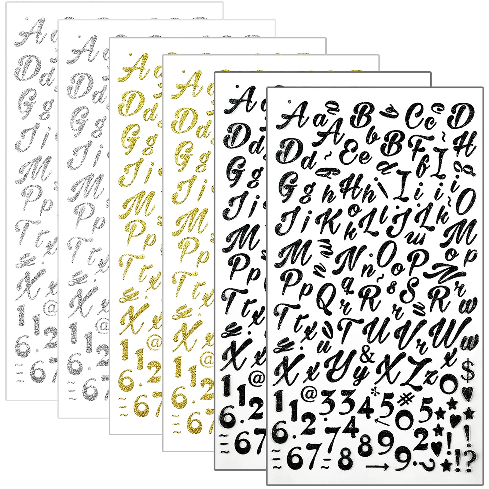 810pcs Glitter Cursive Alphabet & Number Stickers - Self Adhesive Script Letters for Scrapbooking, Graduation Cap Decoration, DIY Crafts - Black, Silver, Gold - Perfect for Card Making, Journaling, and Party Decorations