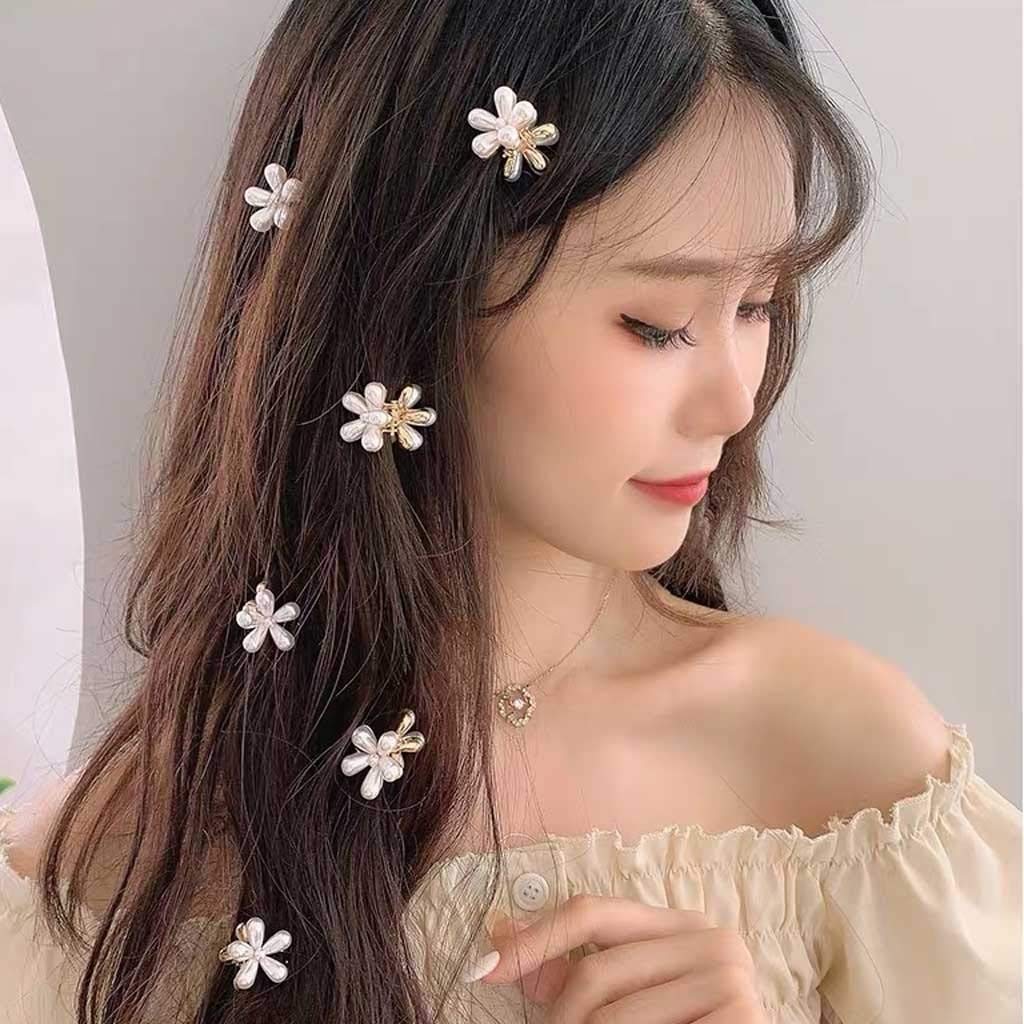 6PCS Mini Pearl Hair Claws Set - Korean Small Flower Hair Clips for Women, Gold Crab Hair Accessories, Elegant Headwear for Wedding, Party & Daily Use