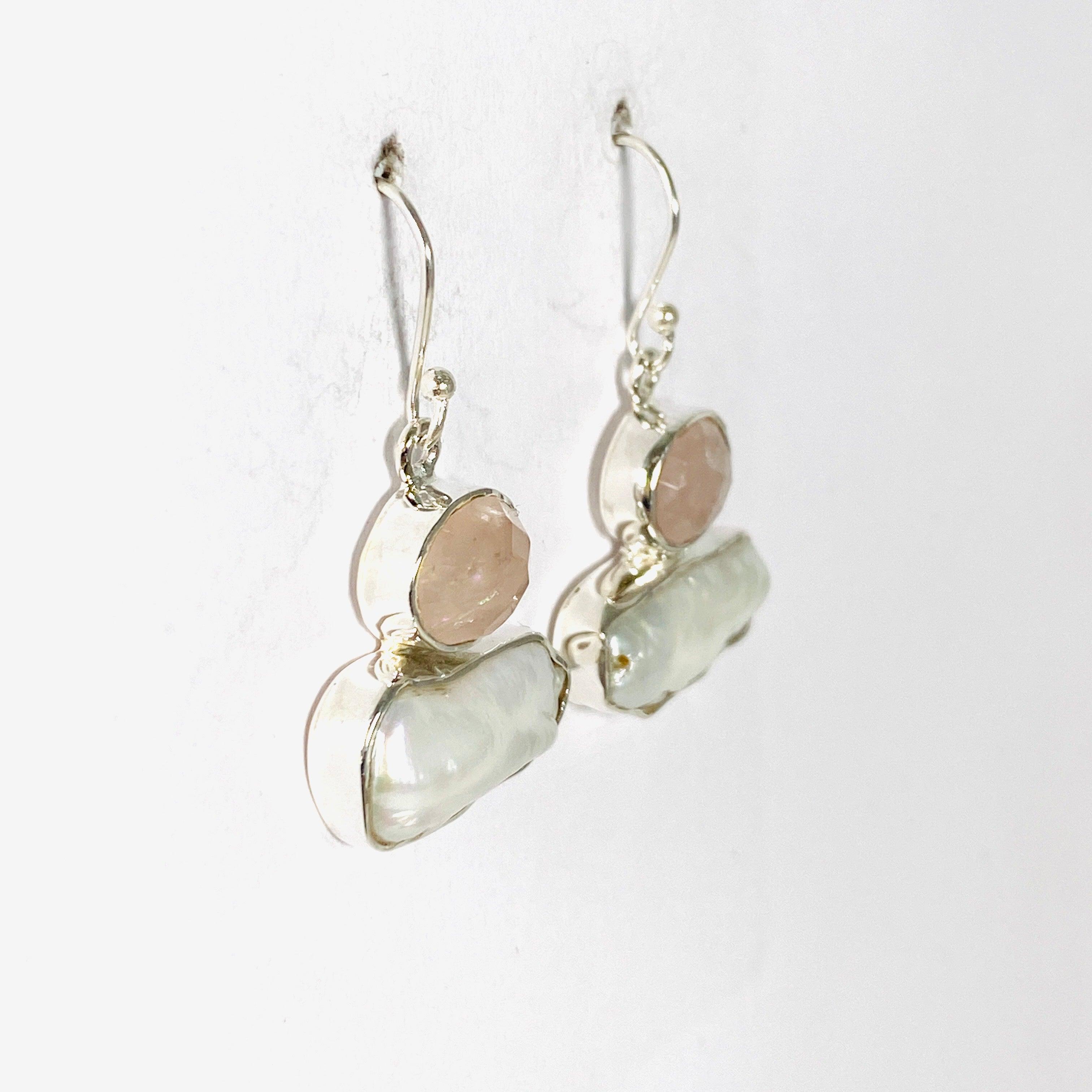 Pearl and Rose Quartz Faceted Earrings E2393 RQ - Elegant Gemstone Jewelry for Women, Perfect for Weddings, Parties & Special Occasions