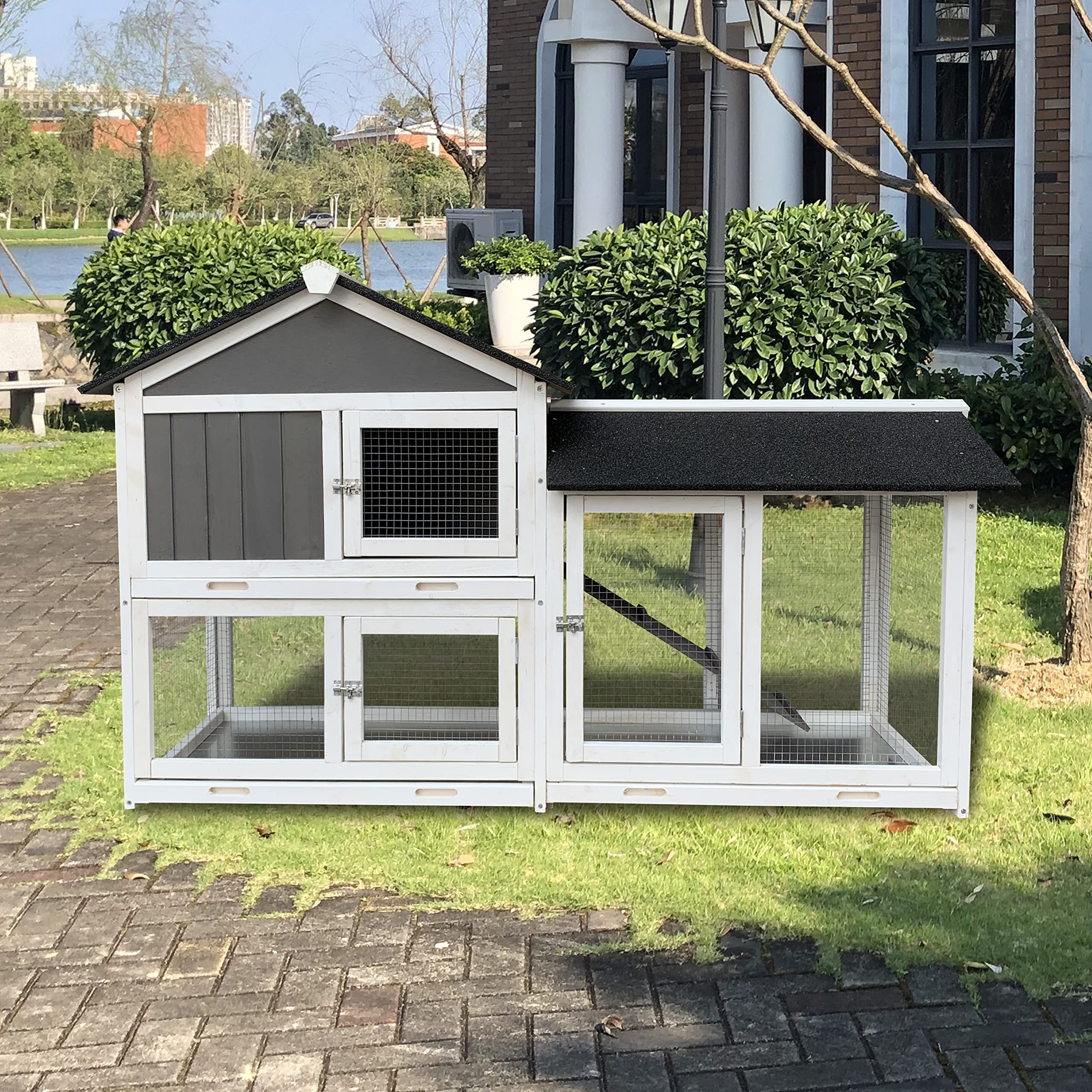 Premium Wooden Rabbit Hutch for Outdoor & Indoor Use - Durable Bunny Cage with Weatherproof Design for Small Pets (Gray & White) - Perfect for Backyard, Garden, or Home Pet Shelter