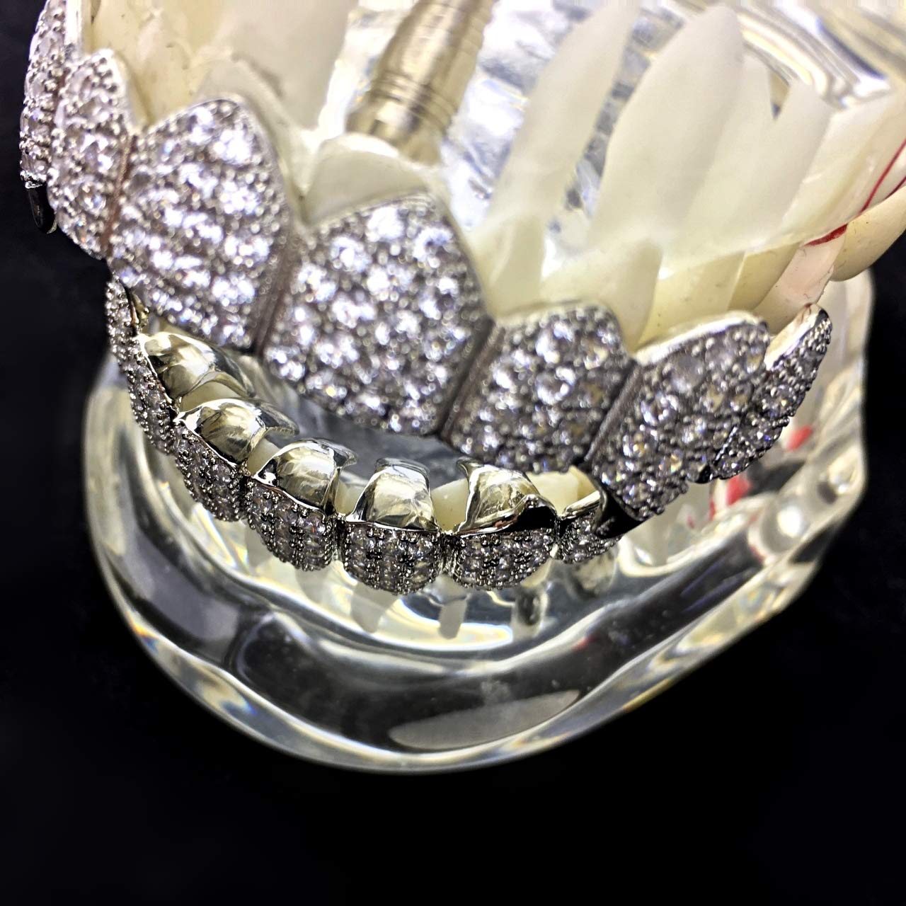 Vampire Fangs CZ Grillz Set - Silver Tone 8 Top & 8 Bottom Teeth Iced Bling Grills for Halloween Costume & Hip Hop Fashion Accessories
