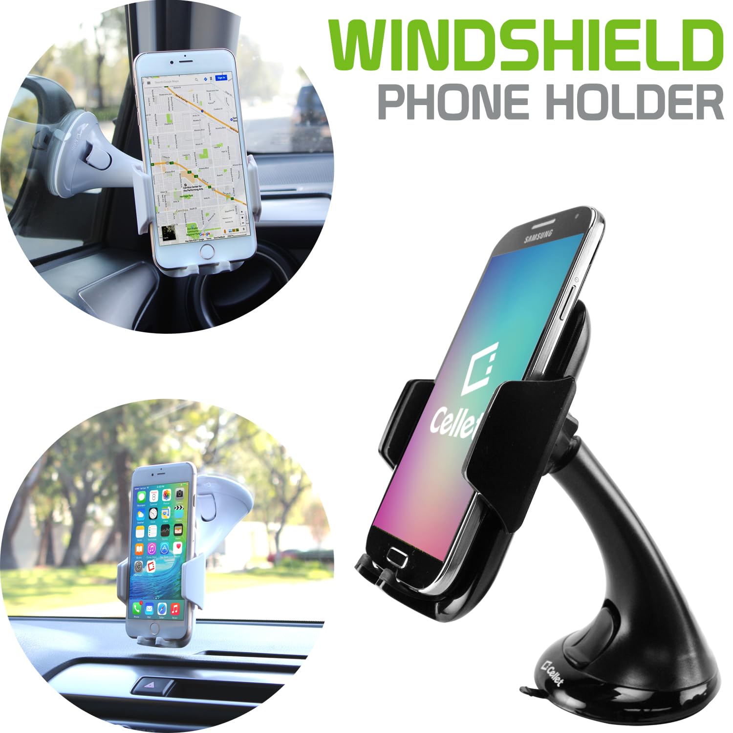 Cellet Universal Car Phone Holder Mount - Windshield & Dashboard Phone Stand for iPhone & Android Smartphones - Hands-Free Driving & GPS Navigation Accessory