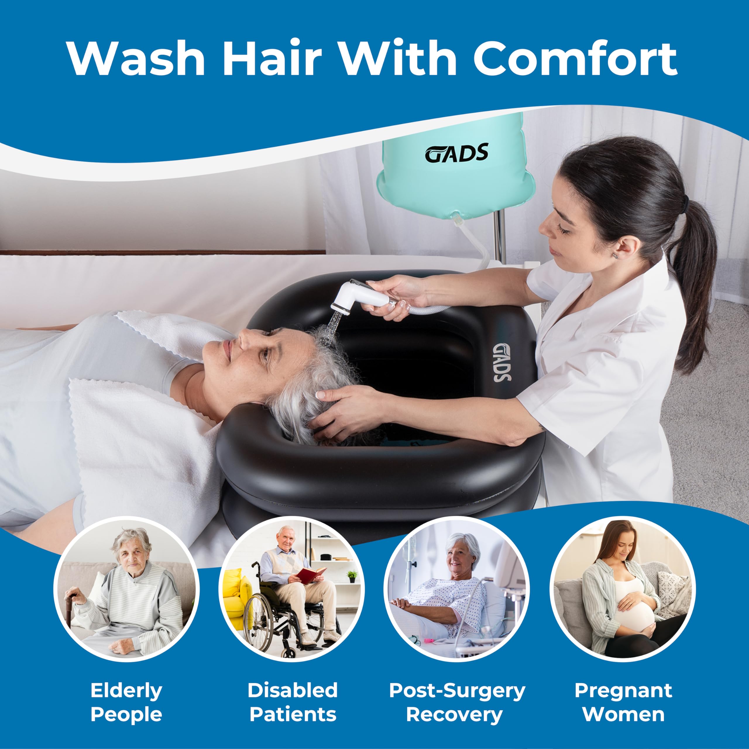 Portable Hair Washing Station - 2.5 Gallon Bedside Shampoo Water Bag for Bedridden & Elderly Care, Inflatable Shampoo Basin & Bathtub Accessory (Blue) - Ideal for Home Nursing, Post-Surgery & Hospital Use