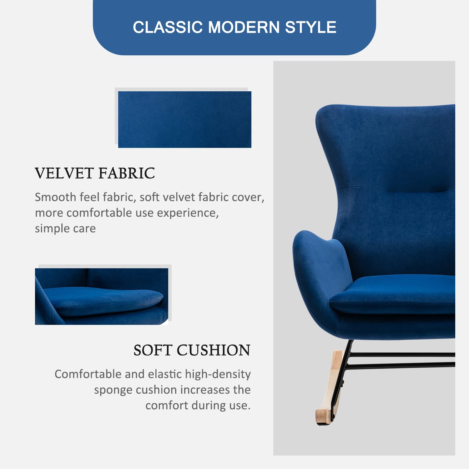 Modern Rocking Chair - Comfortable Upholstered Accent Chair with High Backrest & Armrests, Nursery Glider Rocker for Baby Room, Living Room & Bedroom (Blue) - Perfect for Nursing, Relaxing & Reading