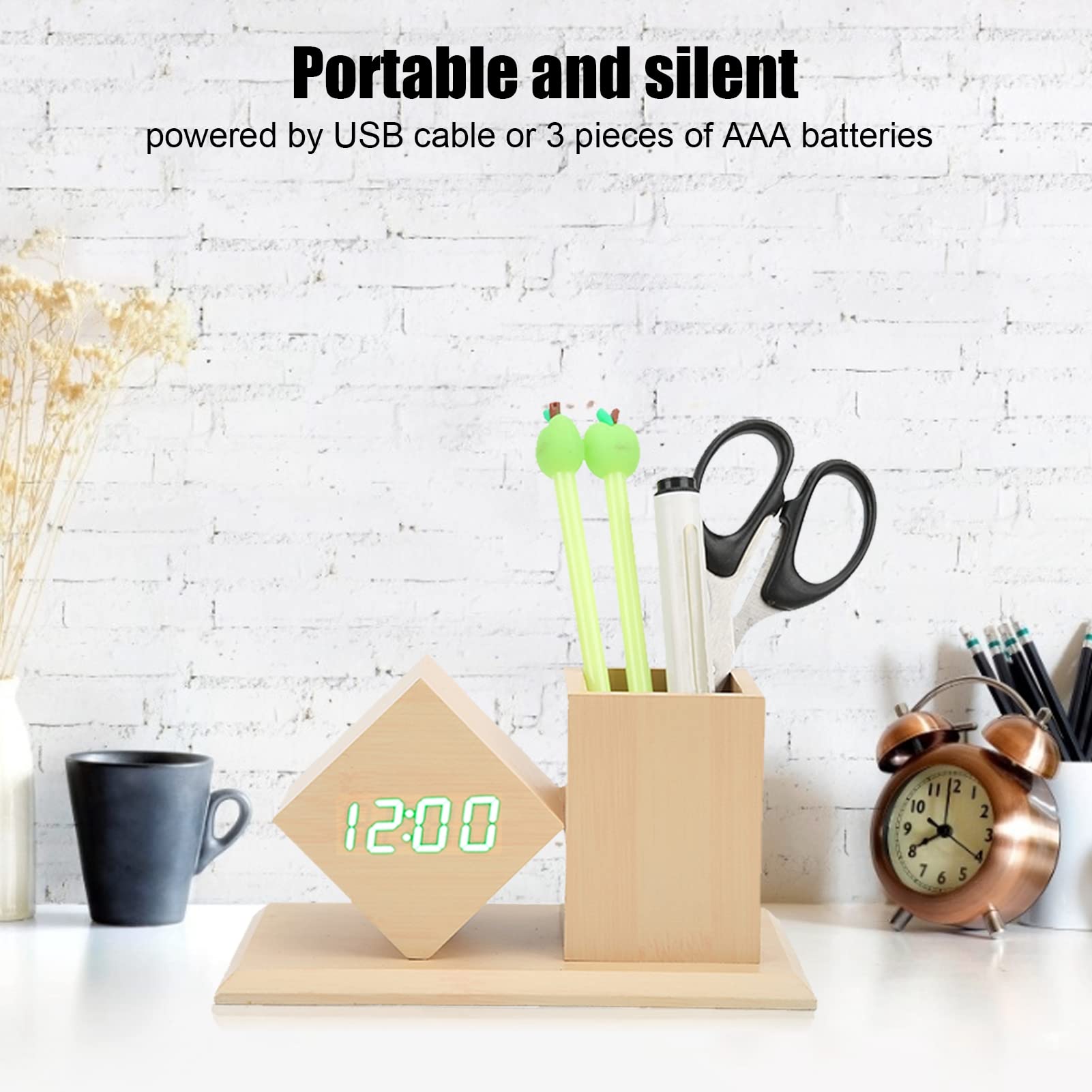 Wooden Digital Alarm Clock with Pencil Holder - Modern Office Desk Organizer for Pen Storage, Bedroom, Living Room & Kids Room - Stylish Wooden Clock for Home & Office Use