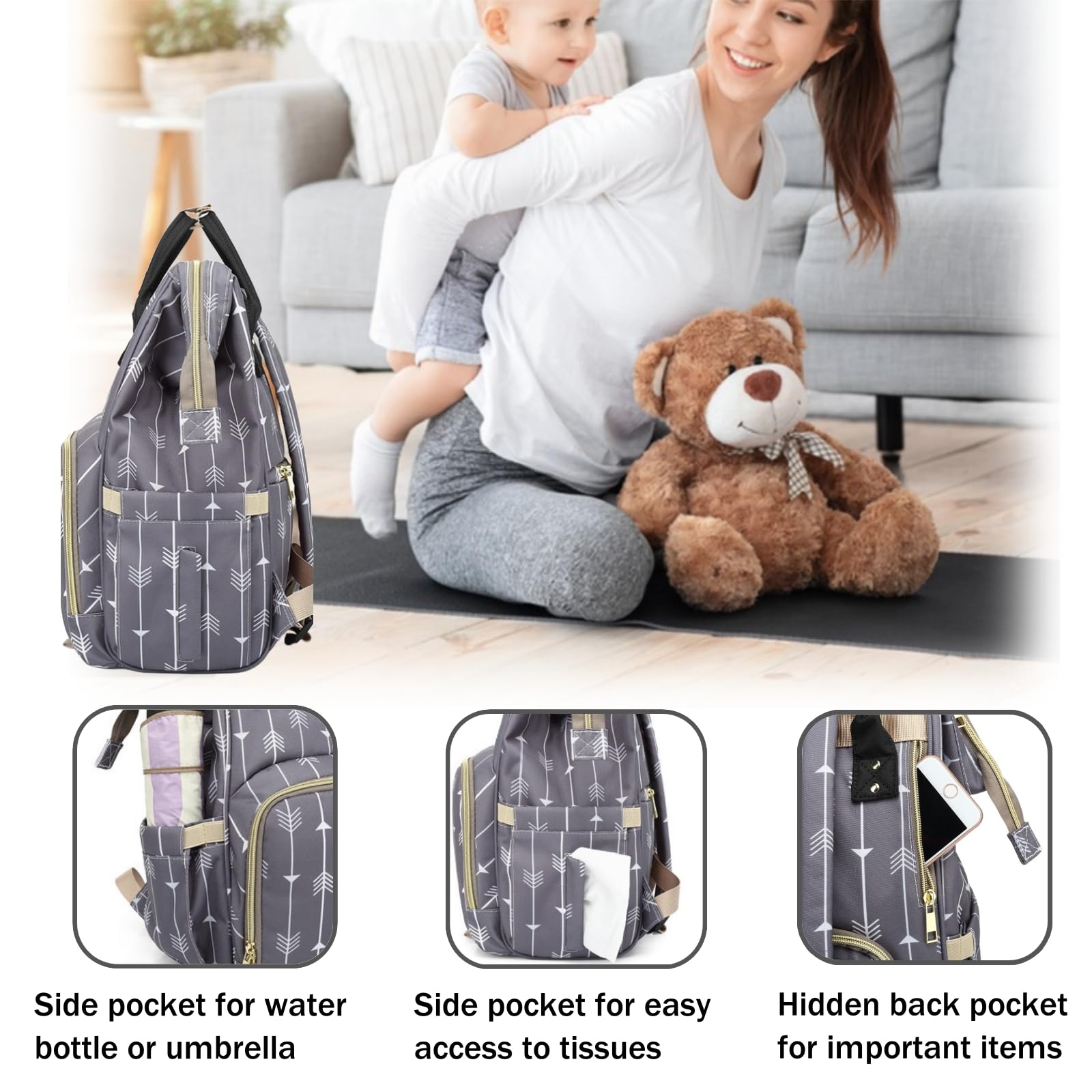 **Armbq Striped Diaper Backpack - Waterproof Multifunctional Baby Bag for Moms, Travel Essentials & Daily Use | Perfect for Daycare, Outings & Family Trips**