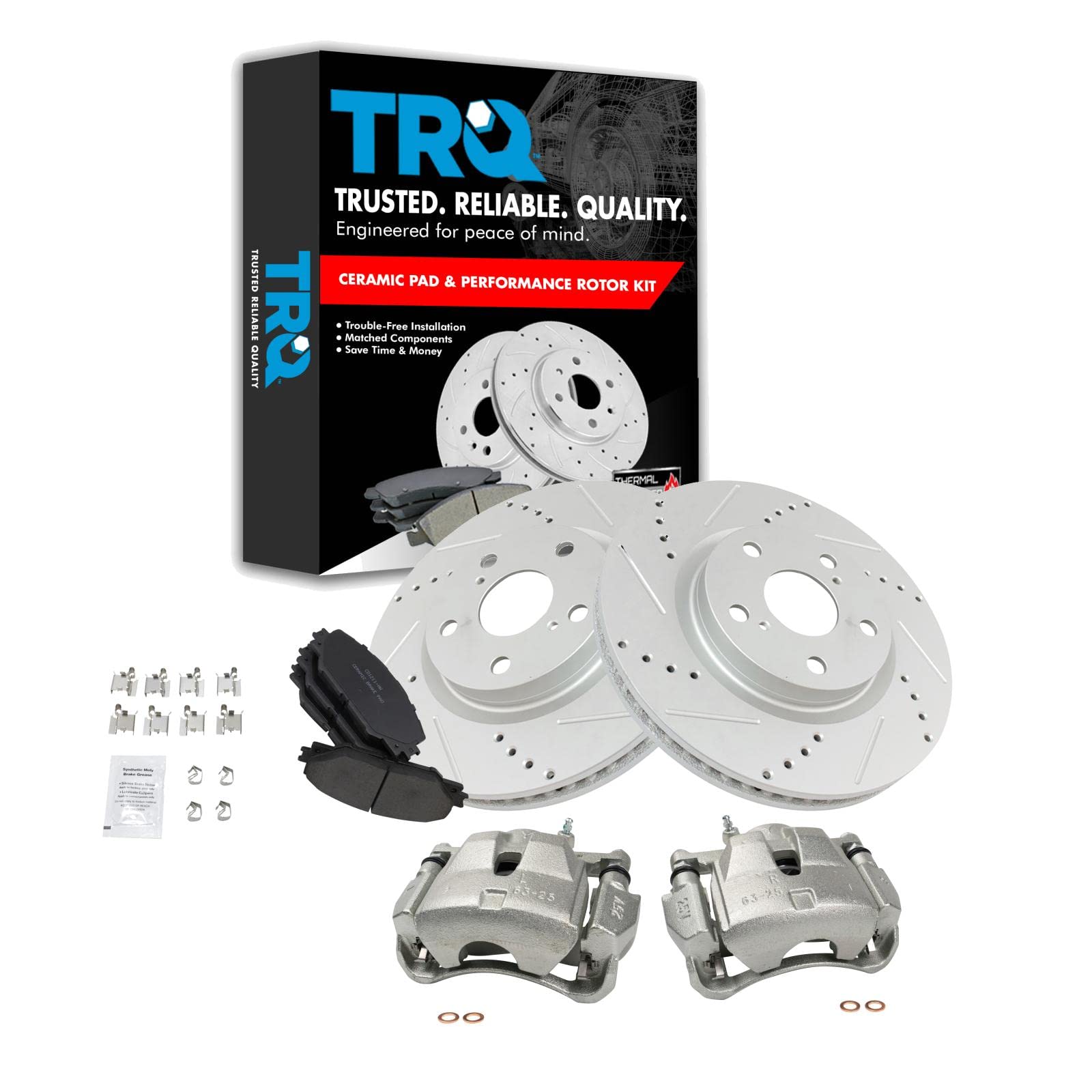 Premium TRQ Front Performance Brake Pad & Rotor Kit - Ceramic Vented G-Coated Brake Caliper Set for 2006-2012 Toyota RAV4 | Smooth Stopping Power for City Driving & Highway Safety