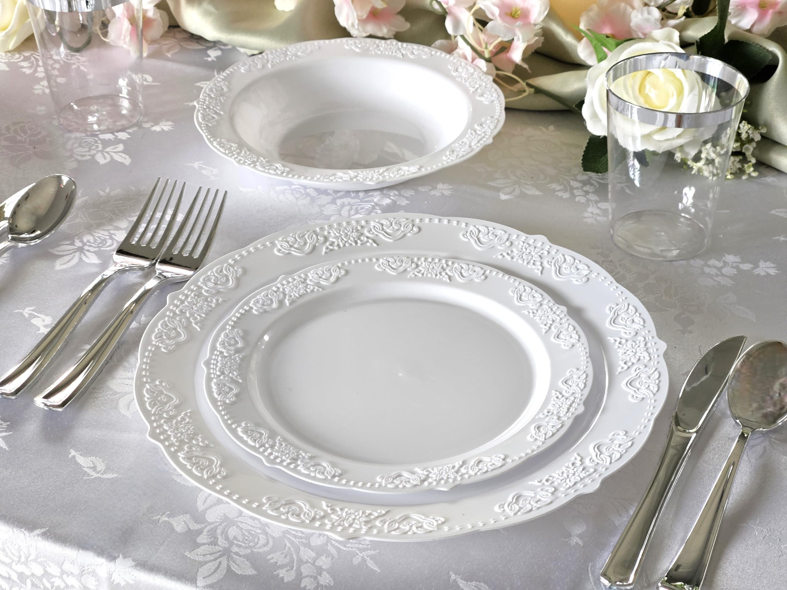 240-Pack Vintage Disposable Plastic Bowls - 10 oz White Soup Bowls for Wedding, Party & Special Occasions | Bulk Disposable Tableware for Catering, Picnics & Events