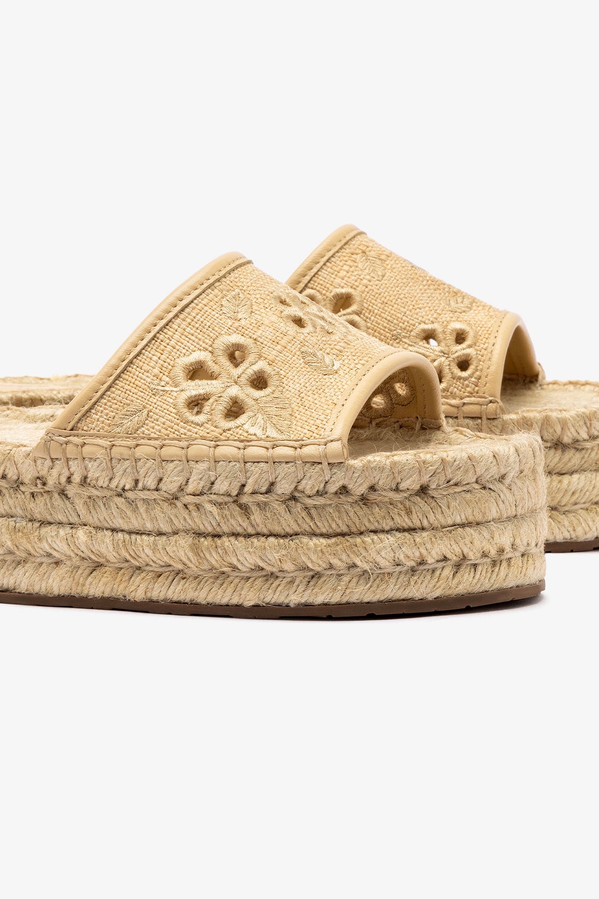 Letizia Beige Raffia Espadrille Flatform Sandals with Hibiscus Embroidery - Comfortable Summer Wedges for Beach, Vacation & Casual Outfits