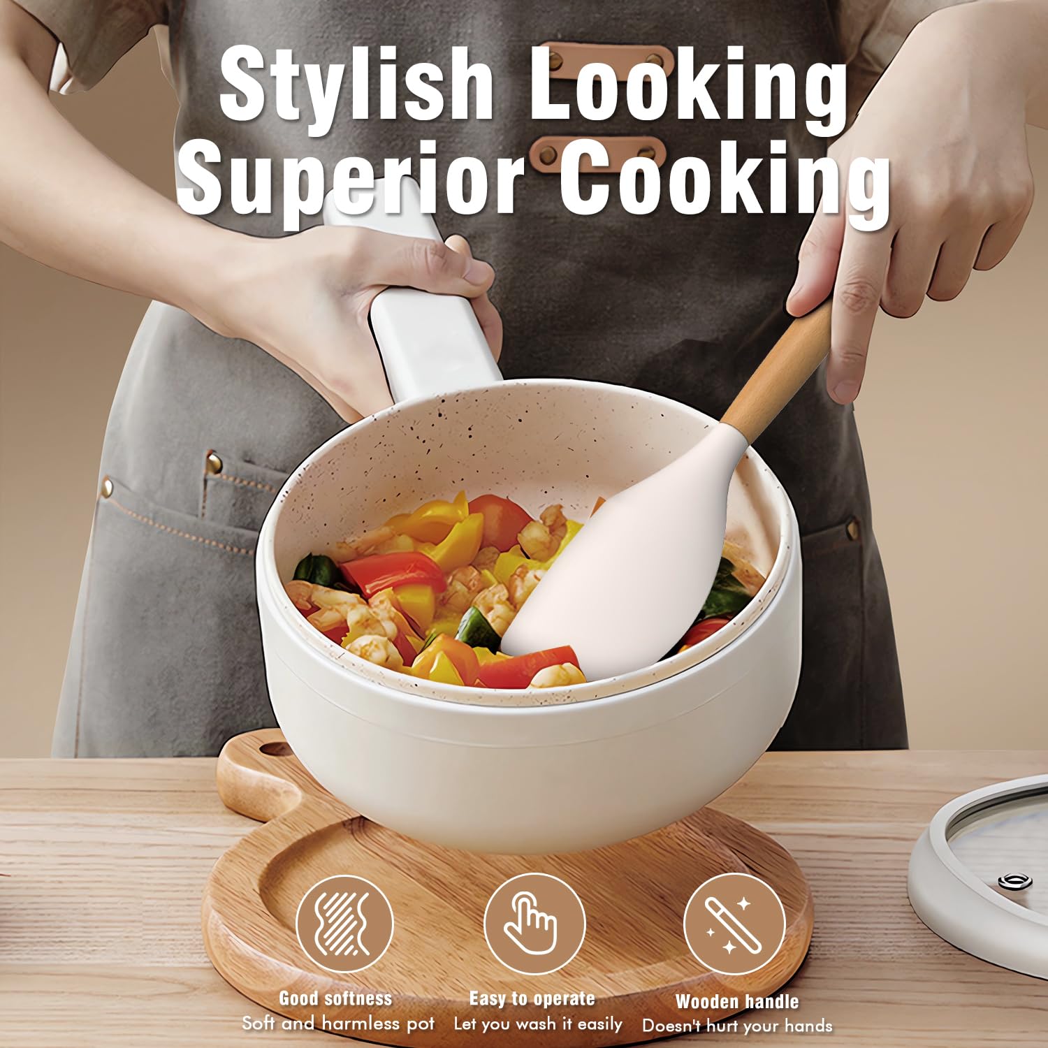 Premium Silicone Cooking Utensils Set - 5-Piece Heat Resistant Kitchen Tools with Wooden Handles (446°F Safe) - BPA Free Spatula, Turner & Spoon for Non-Stick Cookware - Cream White - Perfect for Baking, Frying & Everyday Cooking