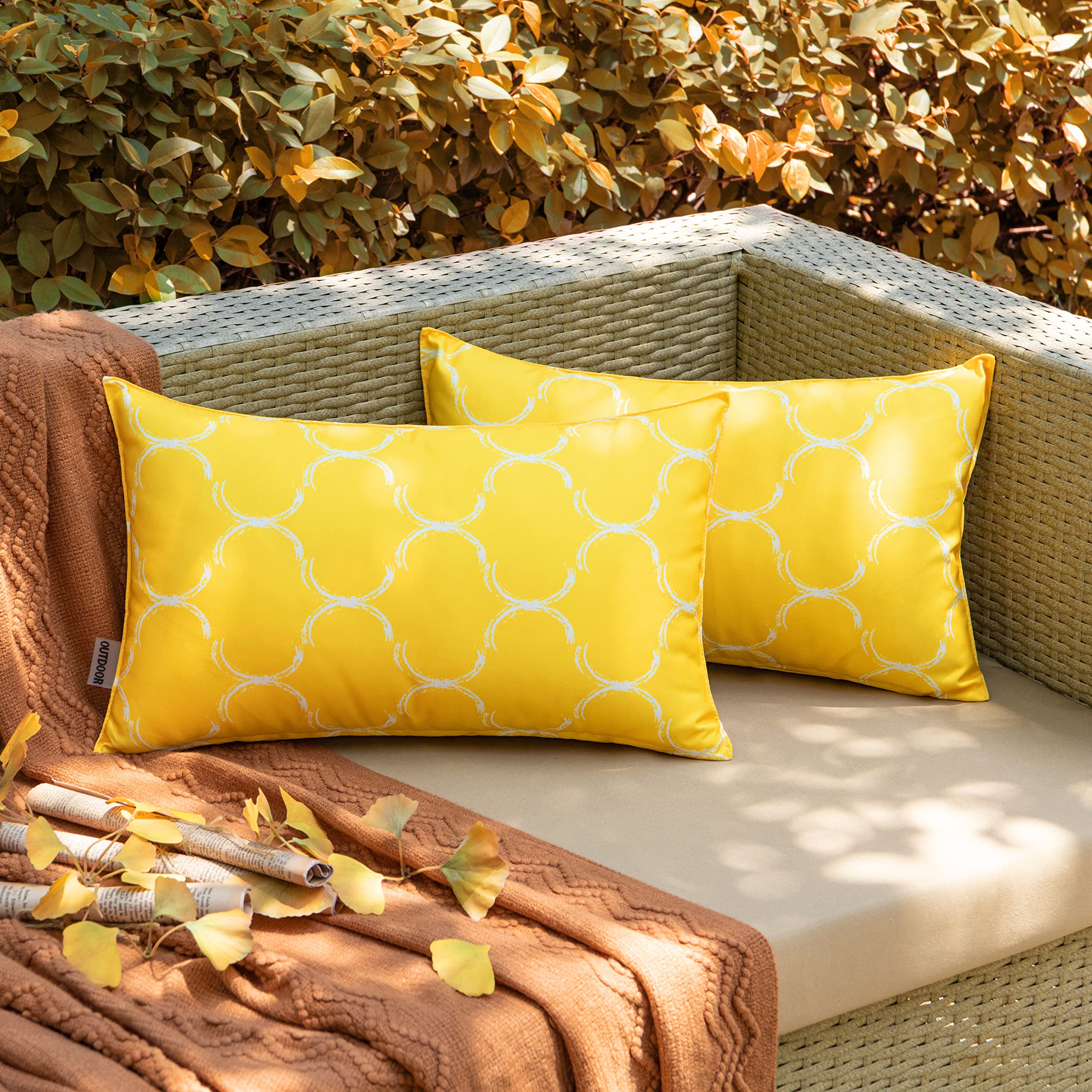 ANRODUO 2 Pack Waterproof Outdoor Throw Pillow Covers - Decorative Solid Garden Cushion Sham for Patio, Balcony, Bench & Couch - 12x20 Inch Yellow - Perfect for Outdoor Furniture, Poolside Lounging & Backyard Decor