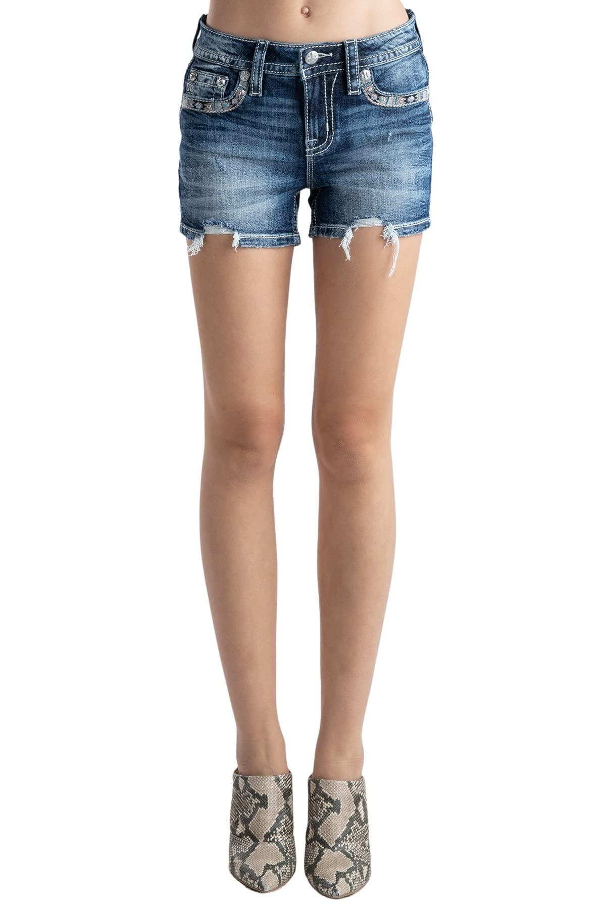 Miss Me Women's Tribal Border Embellished Denim Shorts with Faux Flap Pockets - Stylish Casual Summer Outfit for Beach, Party & Everyday Wear