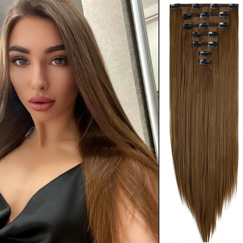 24 Inch Wavy Curly Clip-In Hair Extensions - 7Pcs Double Weft Synthetic Hair with 16 Clips (160g/set) - Dark Brown to Ash Blonde Ombre - Perfect for Parties, Weddings & Daily Styling