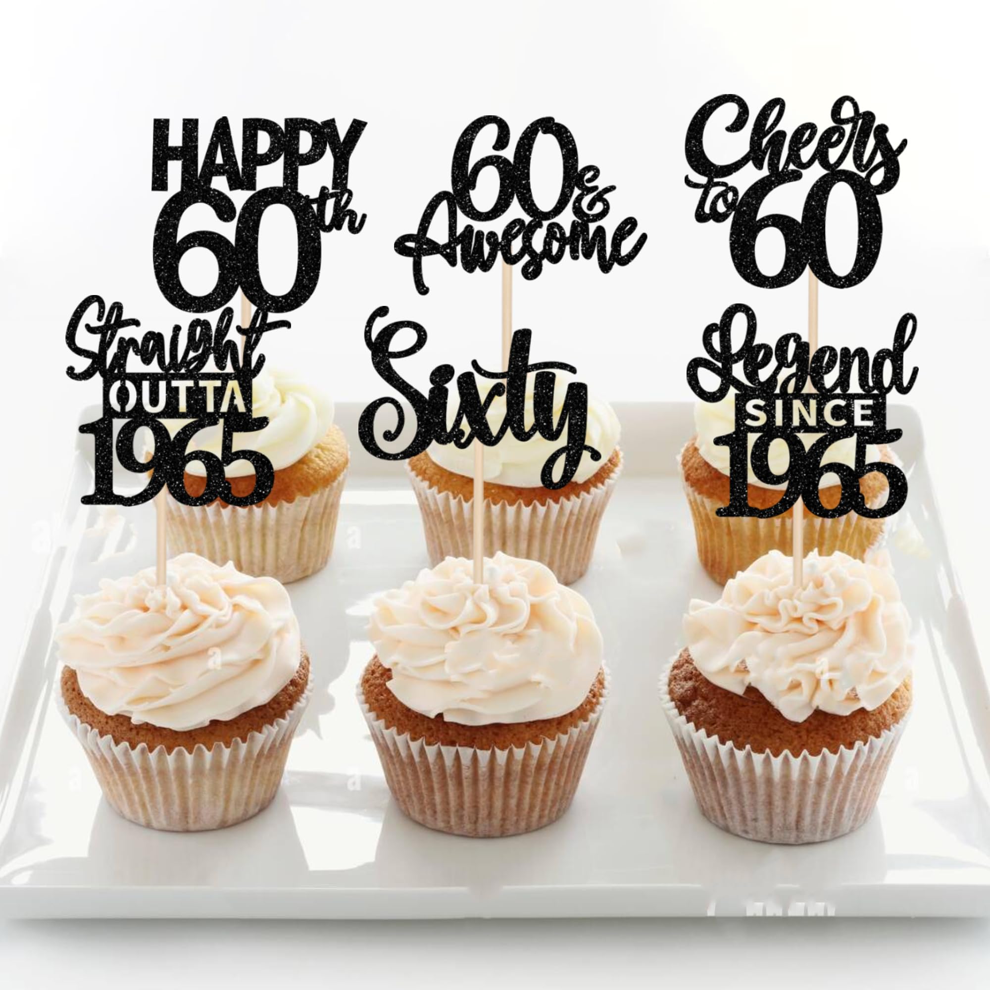 24PCS Black Happy 60th Birthday Cupcake Toppers - Sixty Straight Outta 1965 Cake Decorations for 60th Birthday Party Supplies - Perfect for Anniversary Celebrations, Retirement Parties & Milestone Decorations