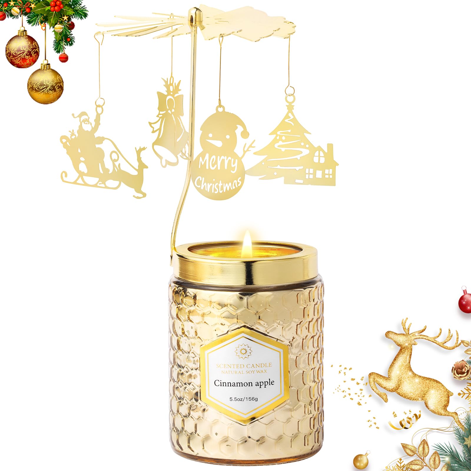 Rotating Cinnamon Apple Scented Candles - Christmas Gifts for Women, Mom, Sister, Wife - Perfect for Holiday Decor, Anniversary & Thanksgiving Celebrations - Home Fragrance & Relaxation
