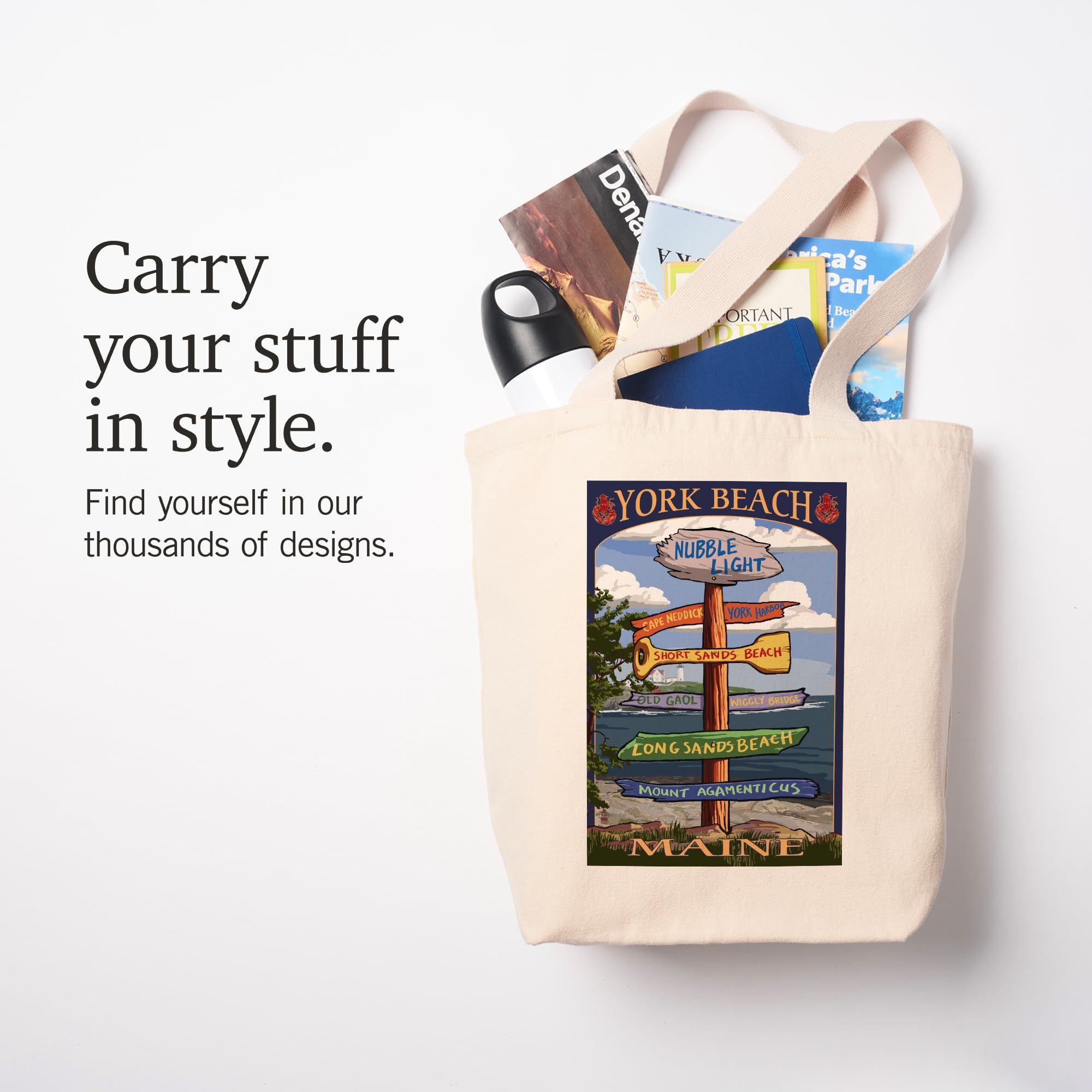York Beach Maine Destinations Sign - 100% Cotton Canvas Reusable Tote Bag for Shopping, Beach & Travel | Lantern Press