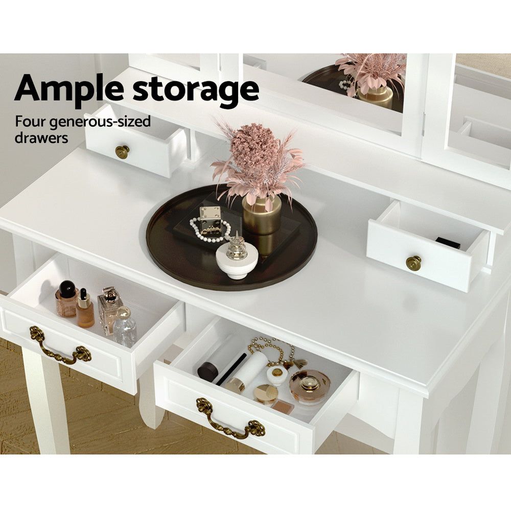 Artiss Foldable Dressing Table Stool Set with Mirror - White Vanity Stool for Bedroom, Makeup Station & Home Decor