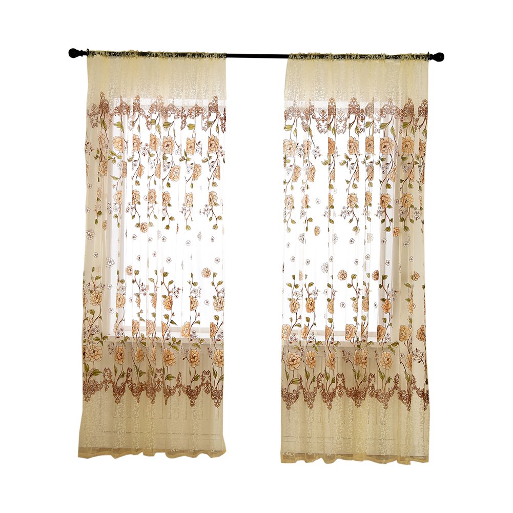 Balloonbobo Sheer Window Curtains 39x78 Inch - Romantic Floral Lace Valance Panels for Living Room, Bedroom & Doorway - Light Filtering Room Divider in Beige | Boho Farmhouse Style Home Decor