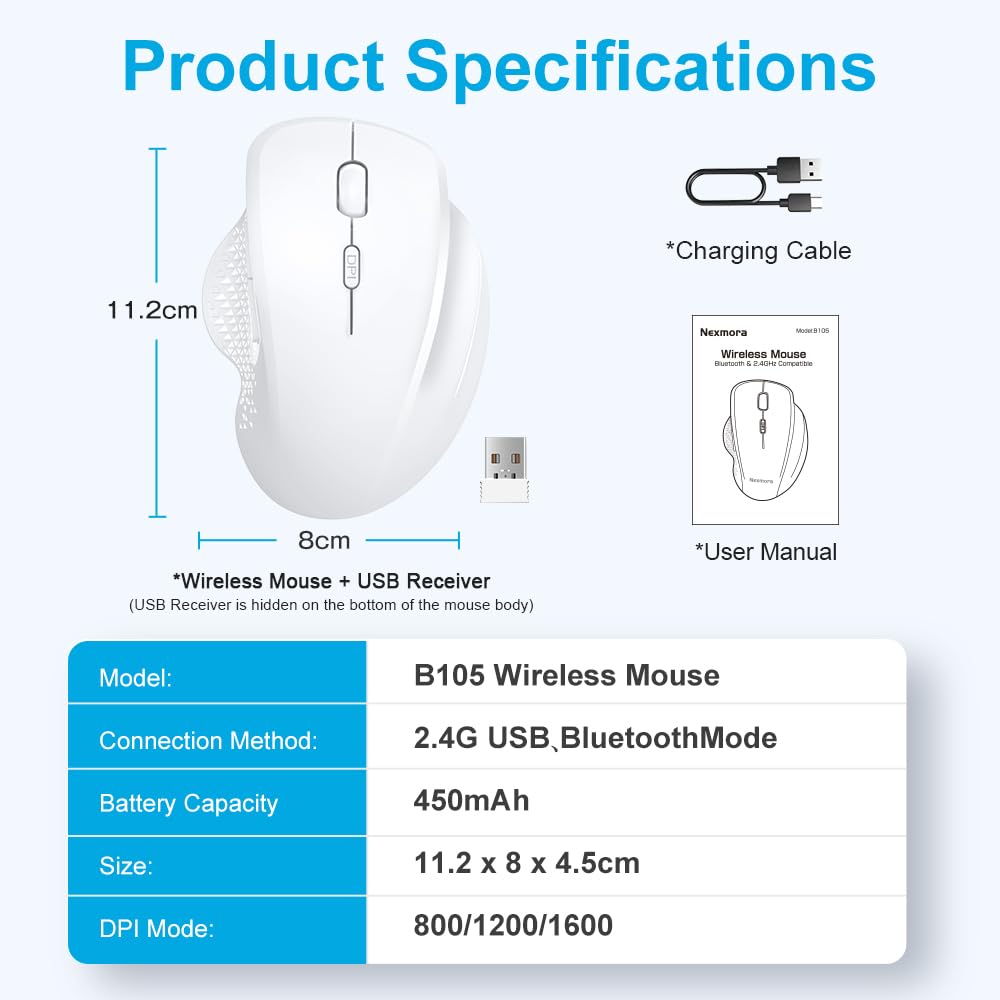Wireless Mouse for Laptop - 2.4GHz Bluetooth Ergonomic Computer Mouse with USB Receiver, Rechargeable Portable PC Mouse for Windows Mac Notebook (White) | Perfect for Office, Home & Travel Use