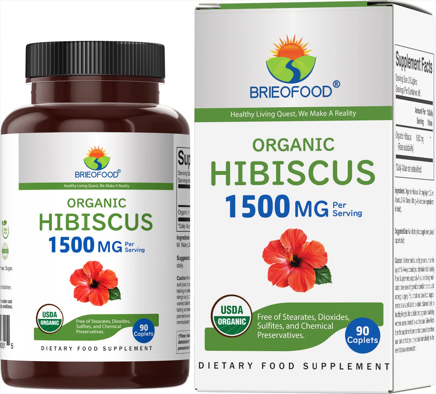 Brieofood Organic Hibiscus 1500mg Supplement - 90 Vegetarian Tablets (45 Servings) | Gluten-Free, Vegan-Friendly | Supports Heart Health & Antioxidant Benefits for Daily Wellness
