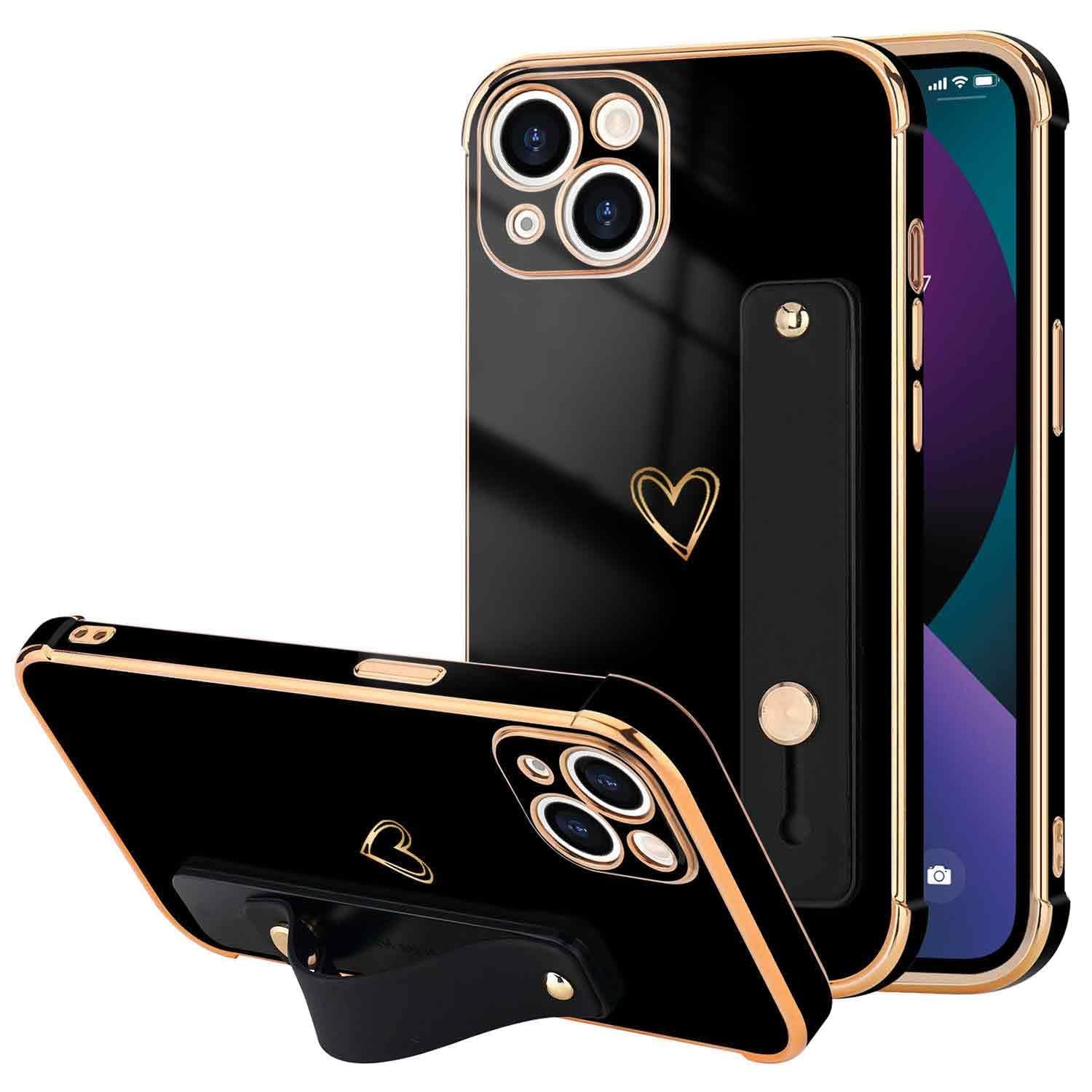 Luxury Bling iPhone 13 Case for Women - Cute Heart Design with Adjustable Hand Strap & Shockproof Protection | Perfect for Daily Use, Work, and Travel - Black