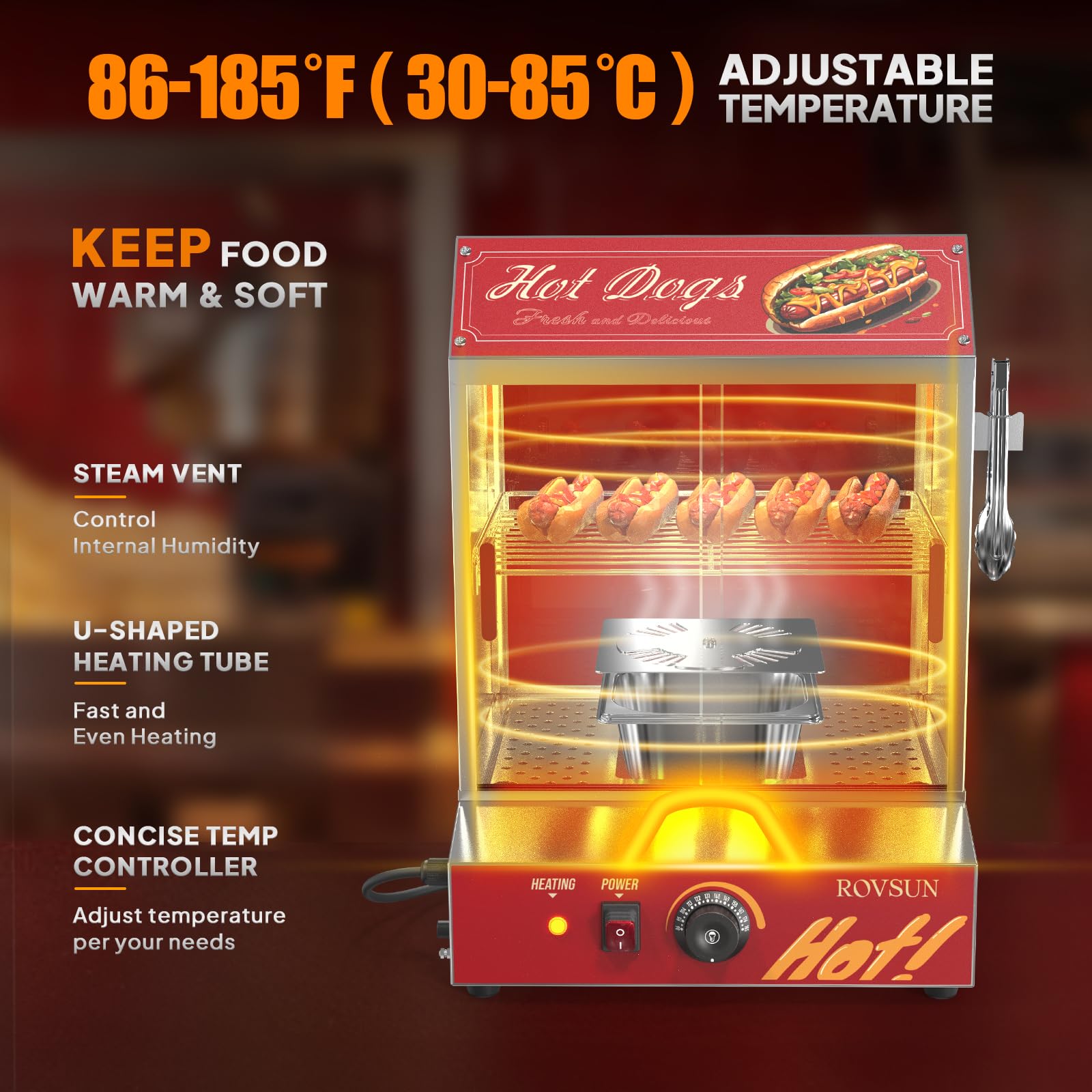 ROVSUN 30L Commercial Hot Dog Steamer - 2-Tier Hot Dog & Bun Warmer with Removable Shelves (175 Hot Dogs & 40 Buns Capacity) for Parties, Events & Concession Stands - Perfect for Catering, Food Trucks & Stadium Snack Bars
