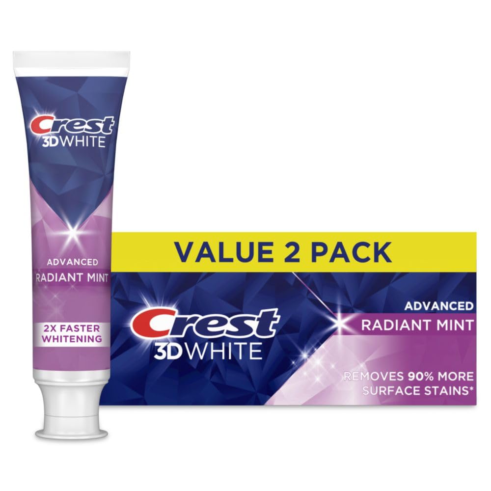Crest 3D White Advanced Teeth Whitening Toothpaste - Radiant Mint Flavor, 3.3 oz (Pack of 2) | Professional Whitening for Brighter Smile | Perfect for Daily Use & Special Occasions