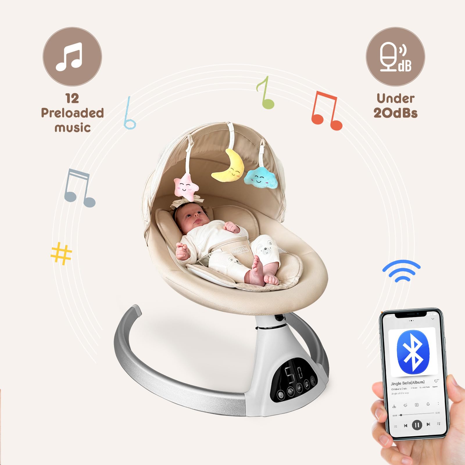 HARPPA Electric Baby Swing for Infants 0-12 Months - Portable Bluetooth Motorized Swing with 12 Lullabies, Auto Rocking & Adjustable Speeds - Perfect for Nursery, Travel & Soothing Newborns (Khaki)