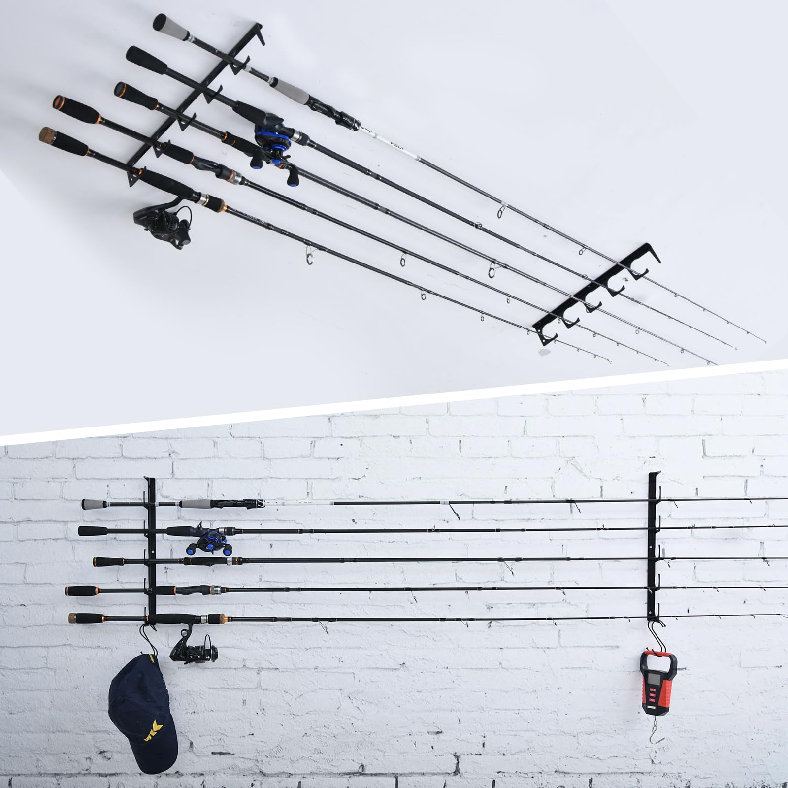 Goture Wall or Ceiling Fishing Rod Holder - 5 Rod Storage with 4 S-Shaped Hooks, Horizontal Pole Organizer for Garage, Boat & Home (Black) - Perfect for Anglers & Fishing Enthusiasts