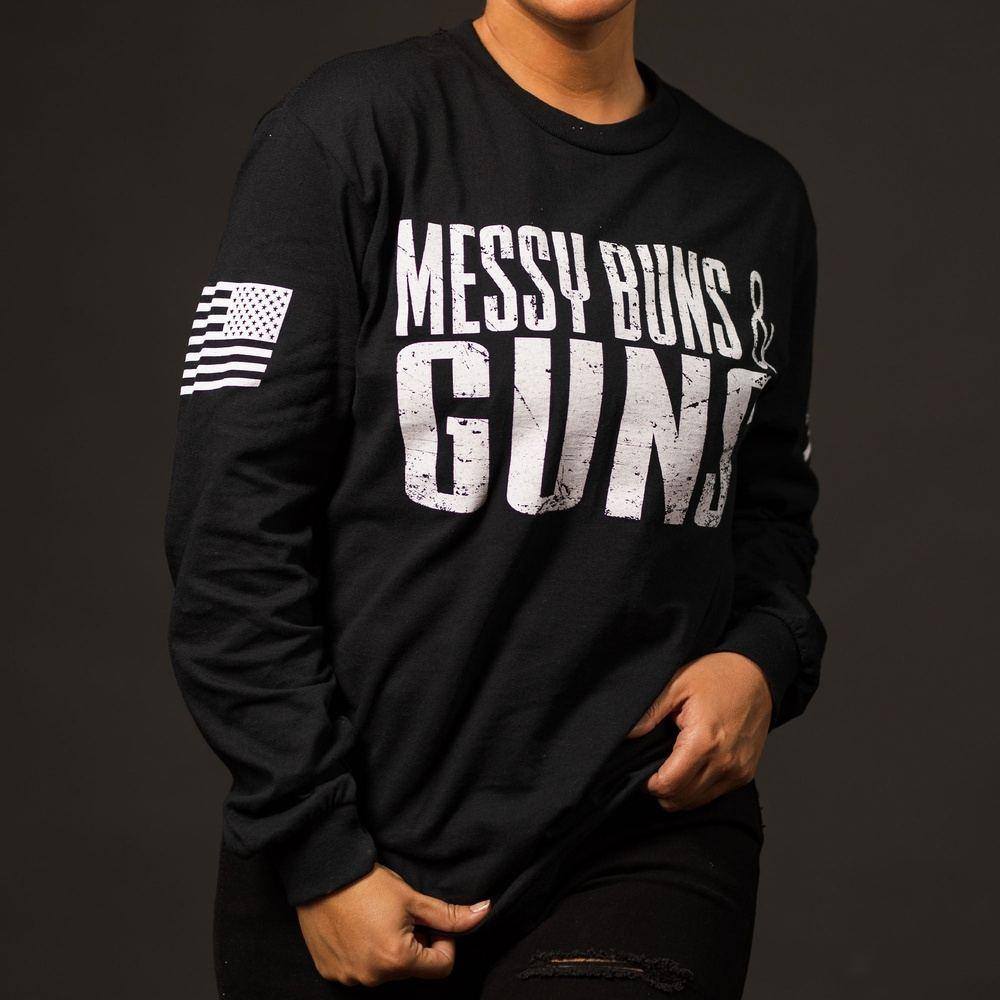 Women's Messy Buns & Guns Long Sleeve T-Shirt - Black | Gym Workout & Casual Wear