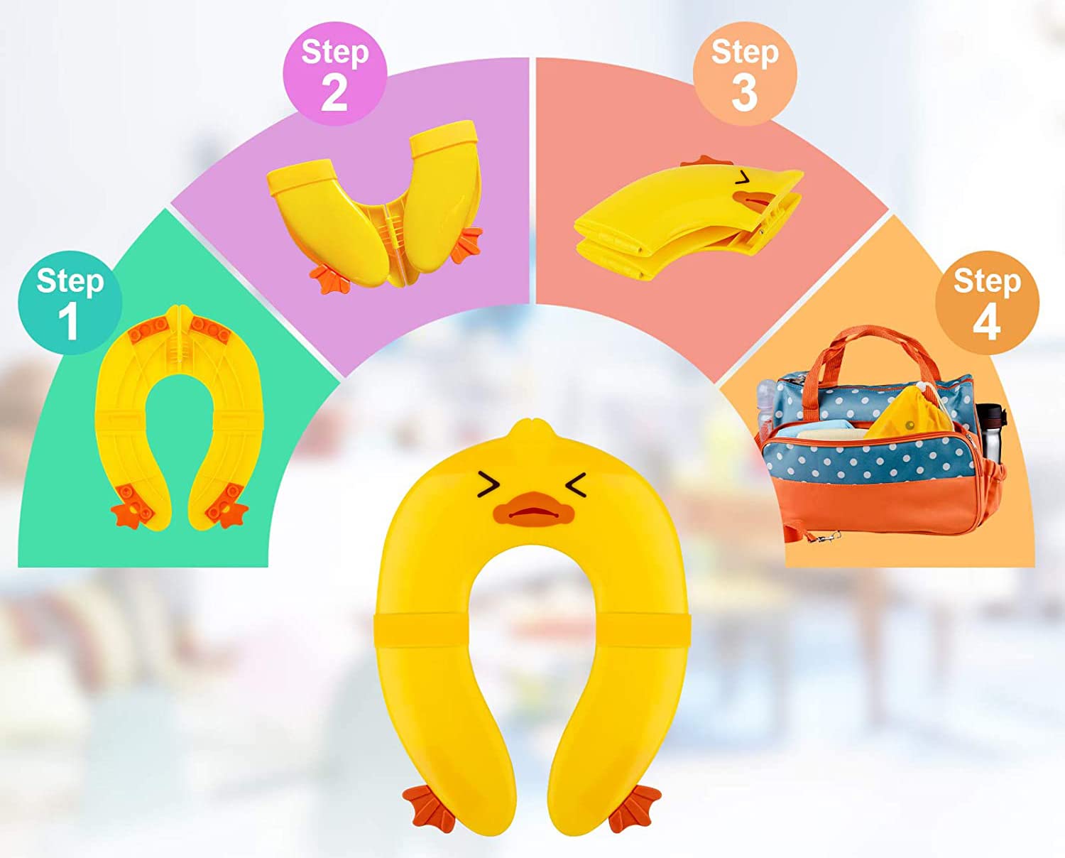 Portable Folding Non-Slip Silicone Toilet Training Seat Cover for Kids - Travel Potty Seat with Carry Bag (Yellow Duck Design) | Perfect for Toddlers, Home & Travel Use
