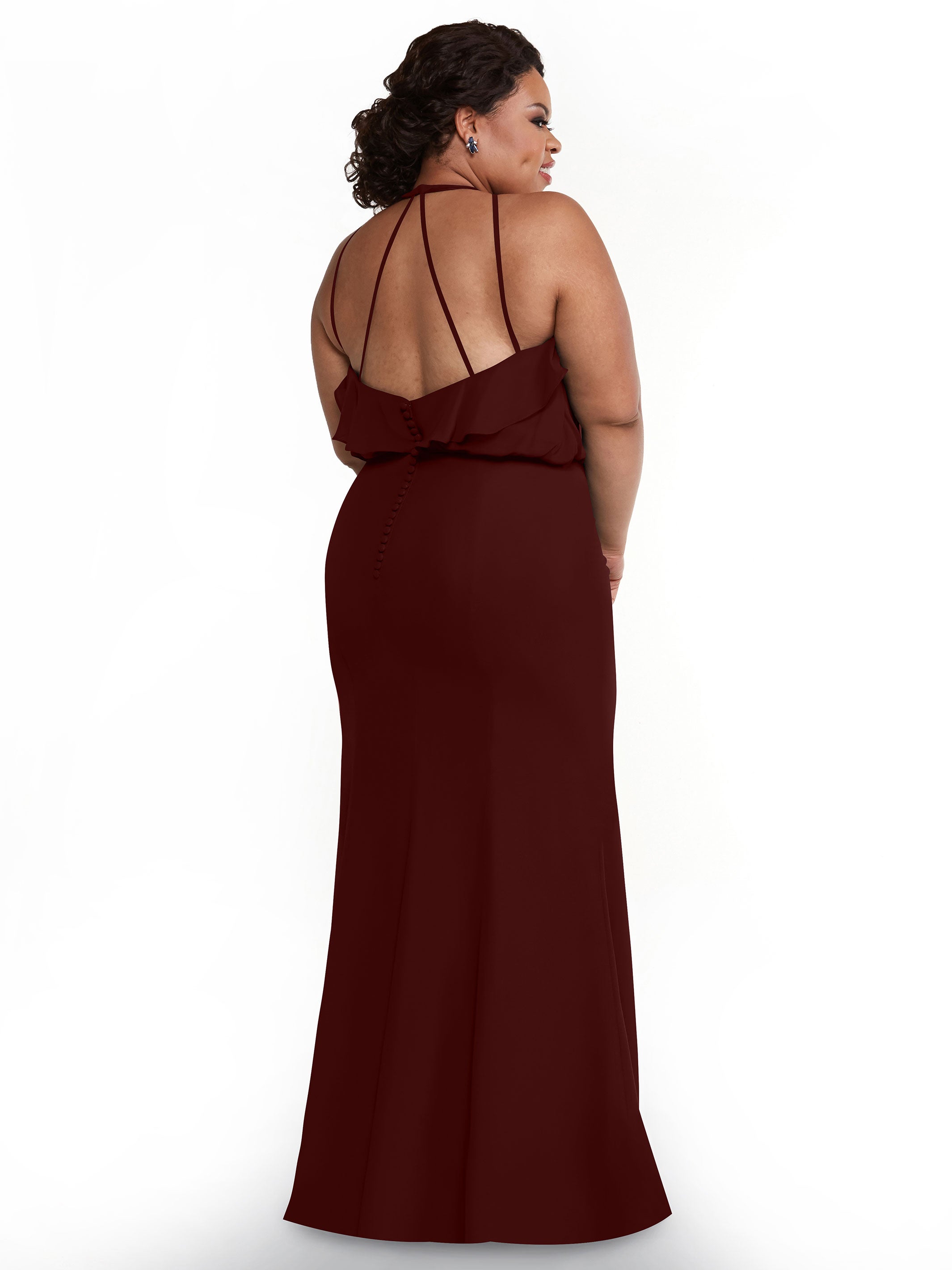 Elegant 80147 Fit and Flare Chiffon Bridesmaid Dress with Ruffled Neckline & Thigh Slit - Perfect for Weddings, Proms, and Formal Events