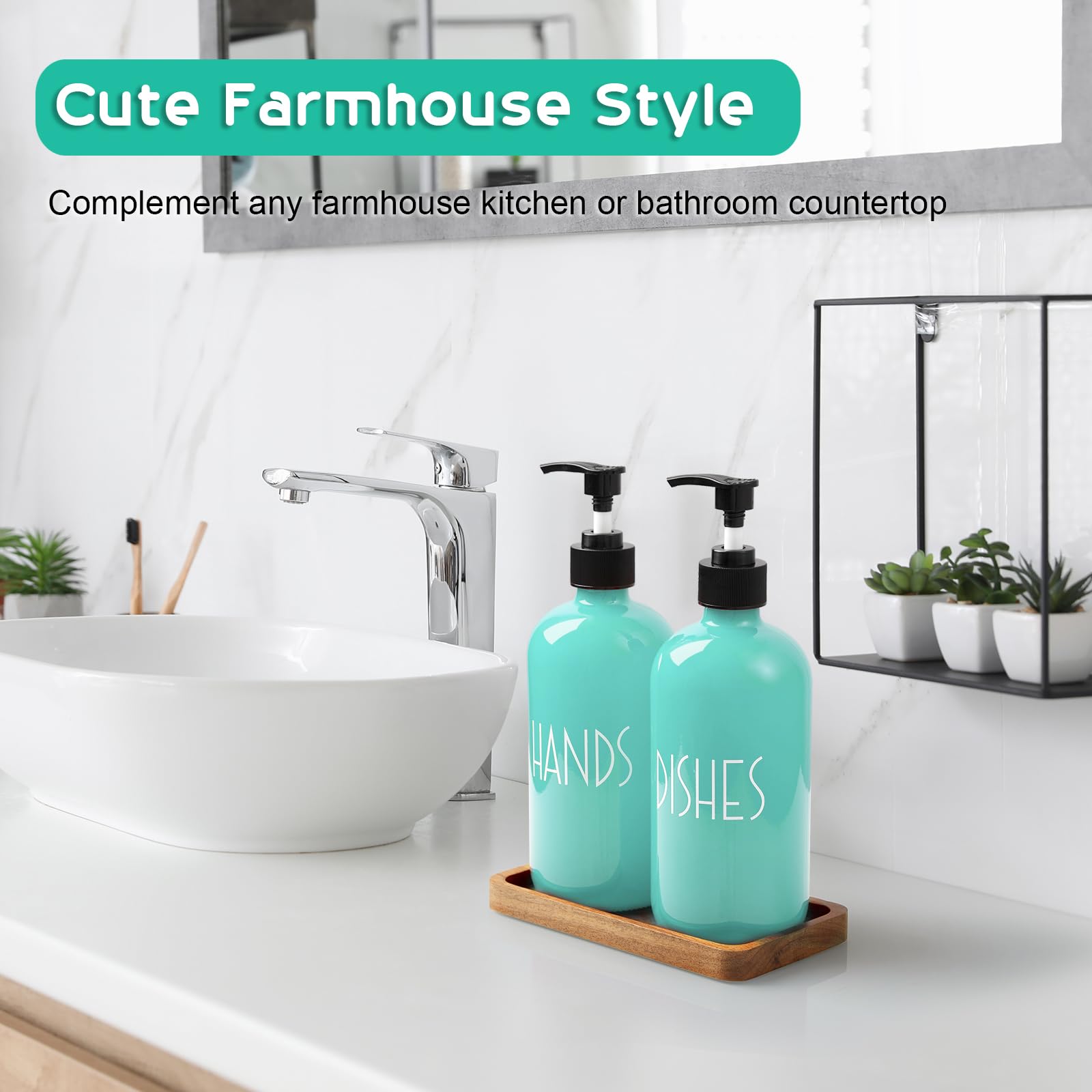 ALELION 16oz Glass Soap Dispenser with Pump & Acacia Wood Tray - Turquoise Kitchen Soap Dispenser Set for Hand & Dish Soap - Elegant Teal Home Decor for Bathroom, Kitchen Counter & Sink Area