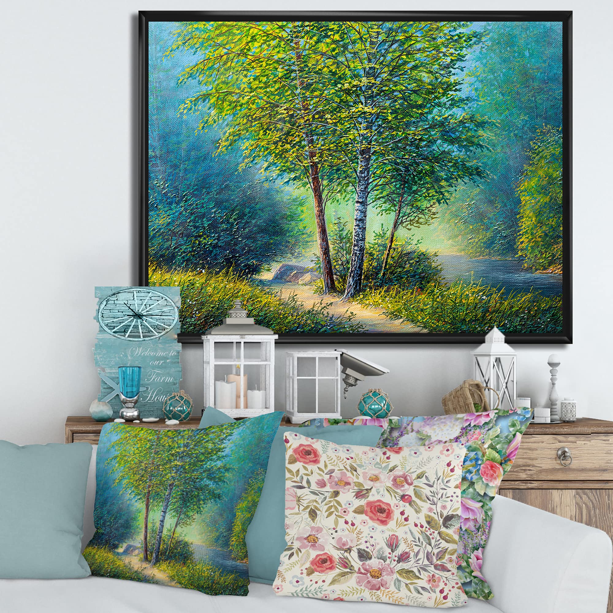 DesignQ Three Vibrant Trees By The River - Lake House Framed Canvas Wall Art Print for Living Room, Bedroom & Office Decor | Nature Landscape Painting | Ready to Hang Home Wall Decor