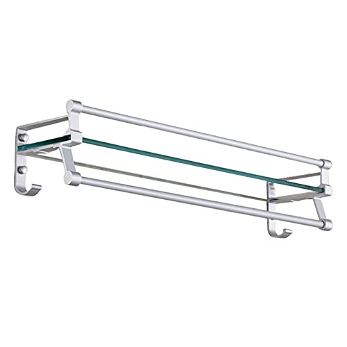 Premium Tempered Glass Bathroom Shelf with Towel Bar & Hook - Wall Mounted Shower Storage Organizer (60x12cm, Brushed Silver) - Perfect for Bathroom, Spa & Vanity Organization