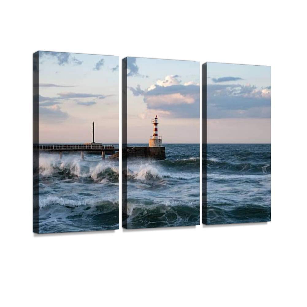 Stormy Coast Canvas Wall Art - 3 Panels Lighthouse Painting for Living Room & Bedroom Decor