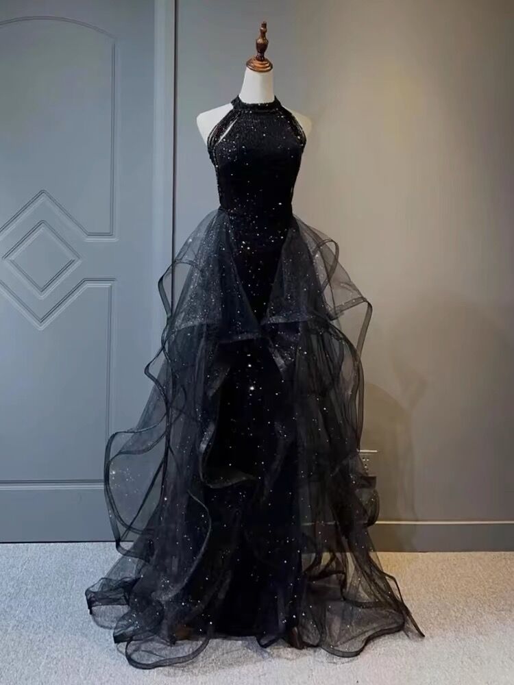 Elegant Black Halter A-Line Ruffled Evening Gown - Long Prom Dress J3082 for Formal Events, Parties & Special Occasions