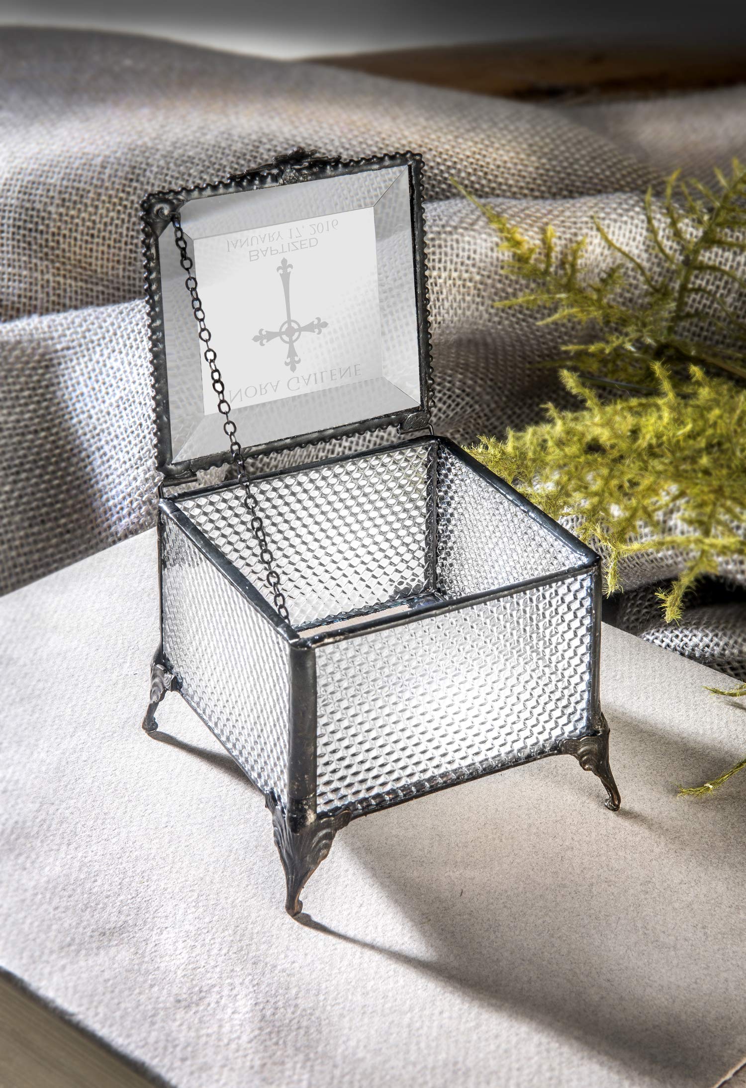 Personalized Baptism Gift for Girls - Engraved Clear Glass Jewelry Keepsake Box with Devlin Box 825 EB222 Design - Perfect for Christening, First Communion & Special Occasions