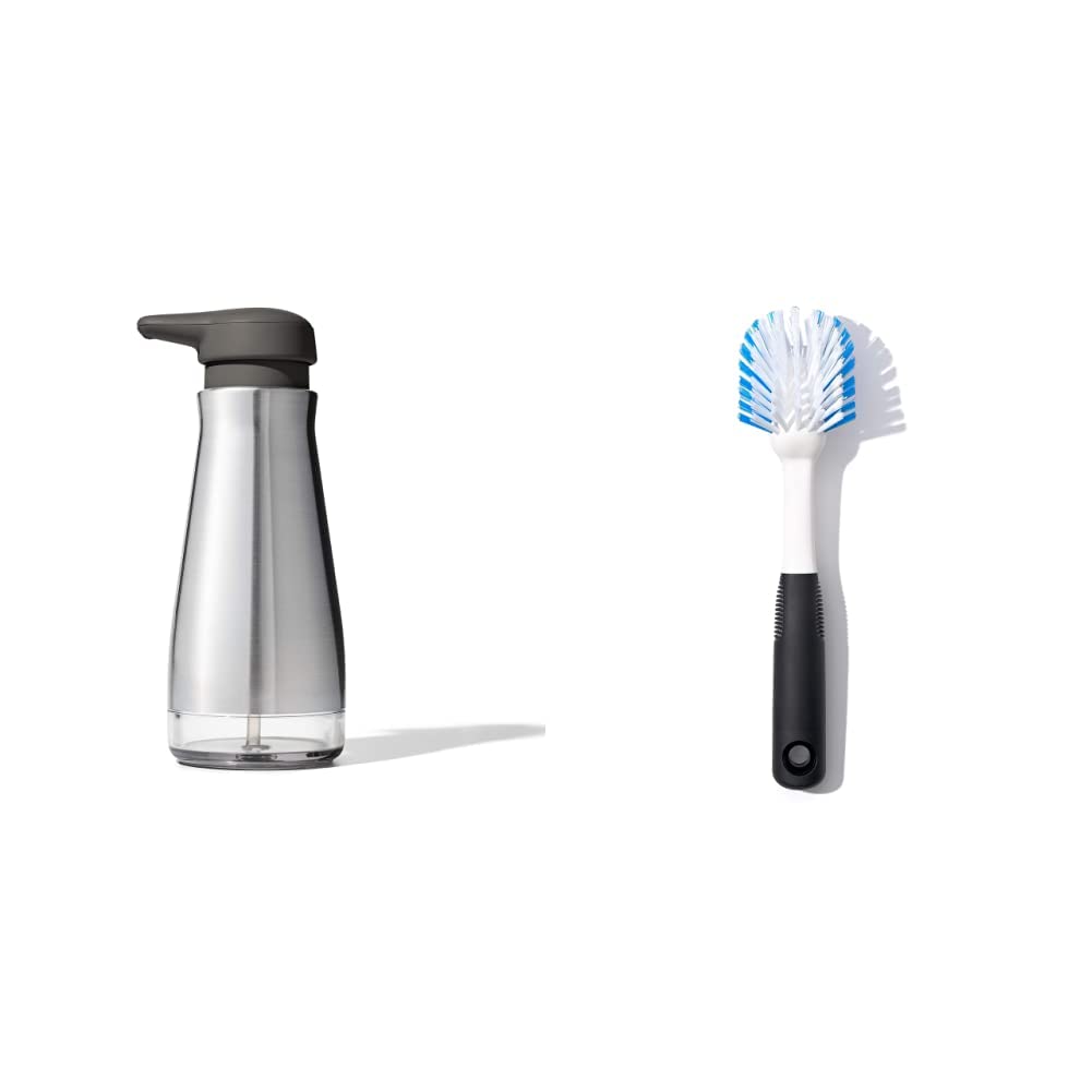 OXO Good Grips Stainless Steel Soap Dispenser & Dish Brush Set - Kitchen Sink Cleaning Bundle for Dishwashing & Countertop Organization